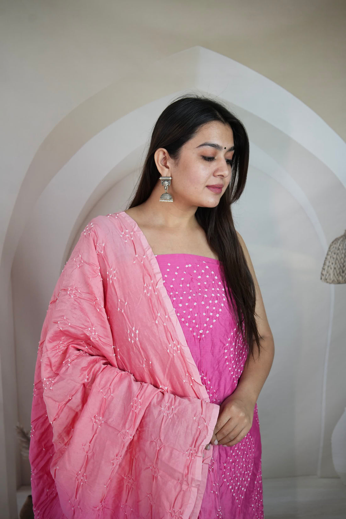 Peach Rai Bandhej Chanderi Silk Premium Suit Material