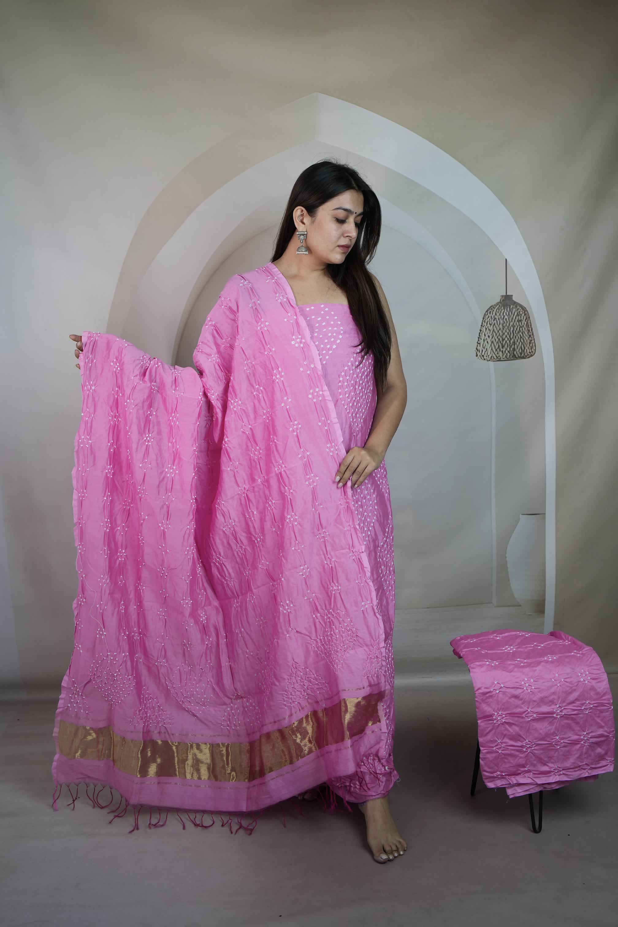 Pink Rai Bandhej Chanderi Silk Premium Suit Material
