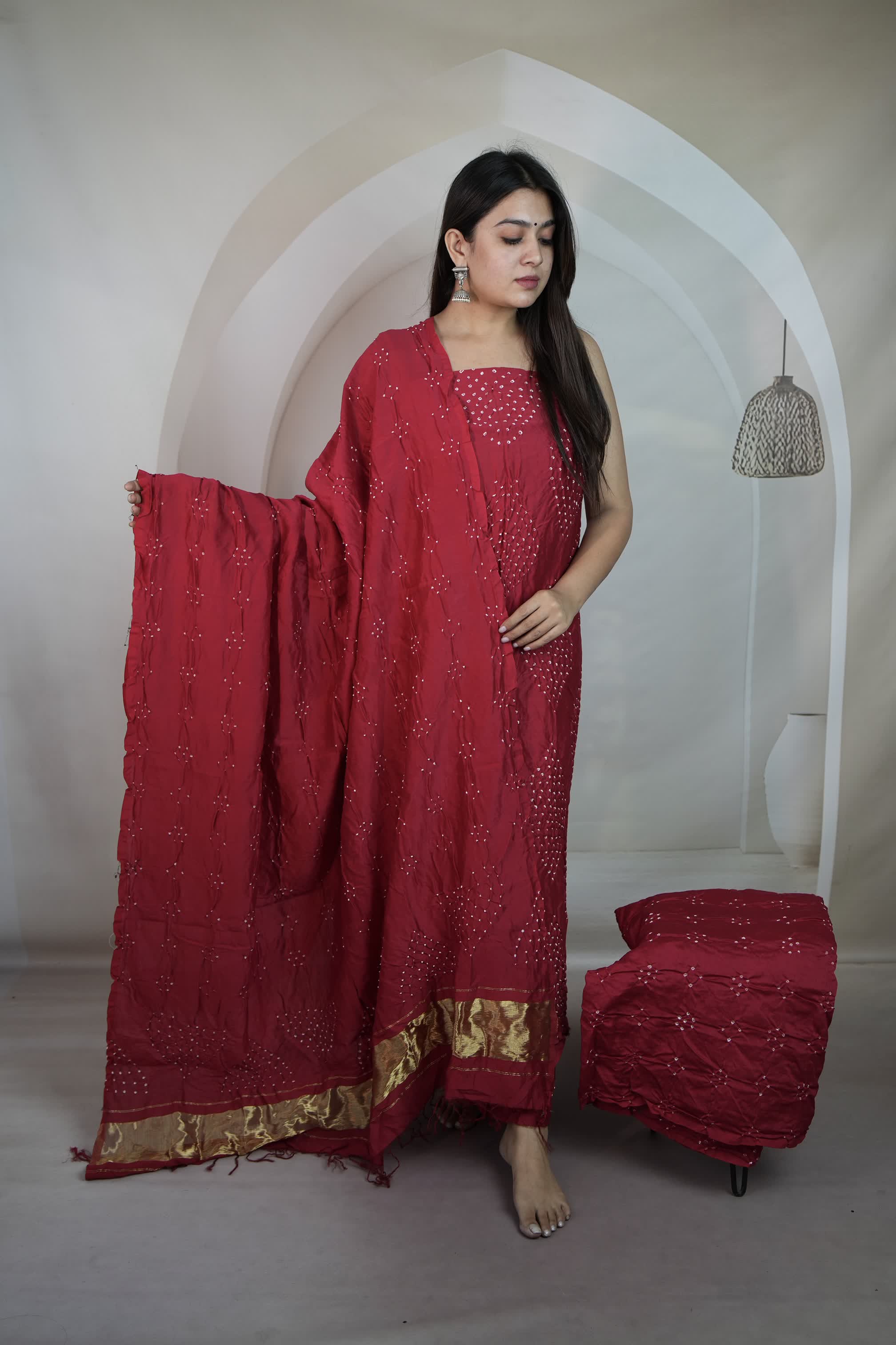 Strawberry Rai Bandhej Chanderi Silk Premium Suit Material