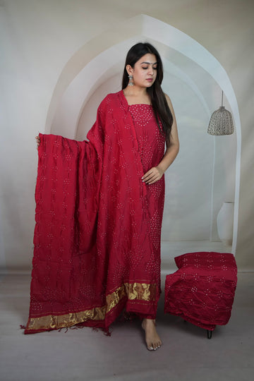 Strawberry Rai Bandhej Chanderi Silk Premium Suit Material