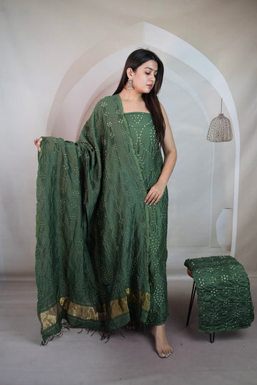 Green Rai Bandhej Chanderi Silk Premium Suit Material