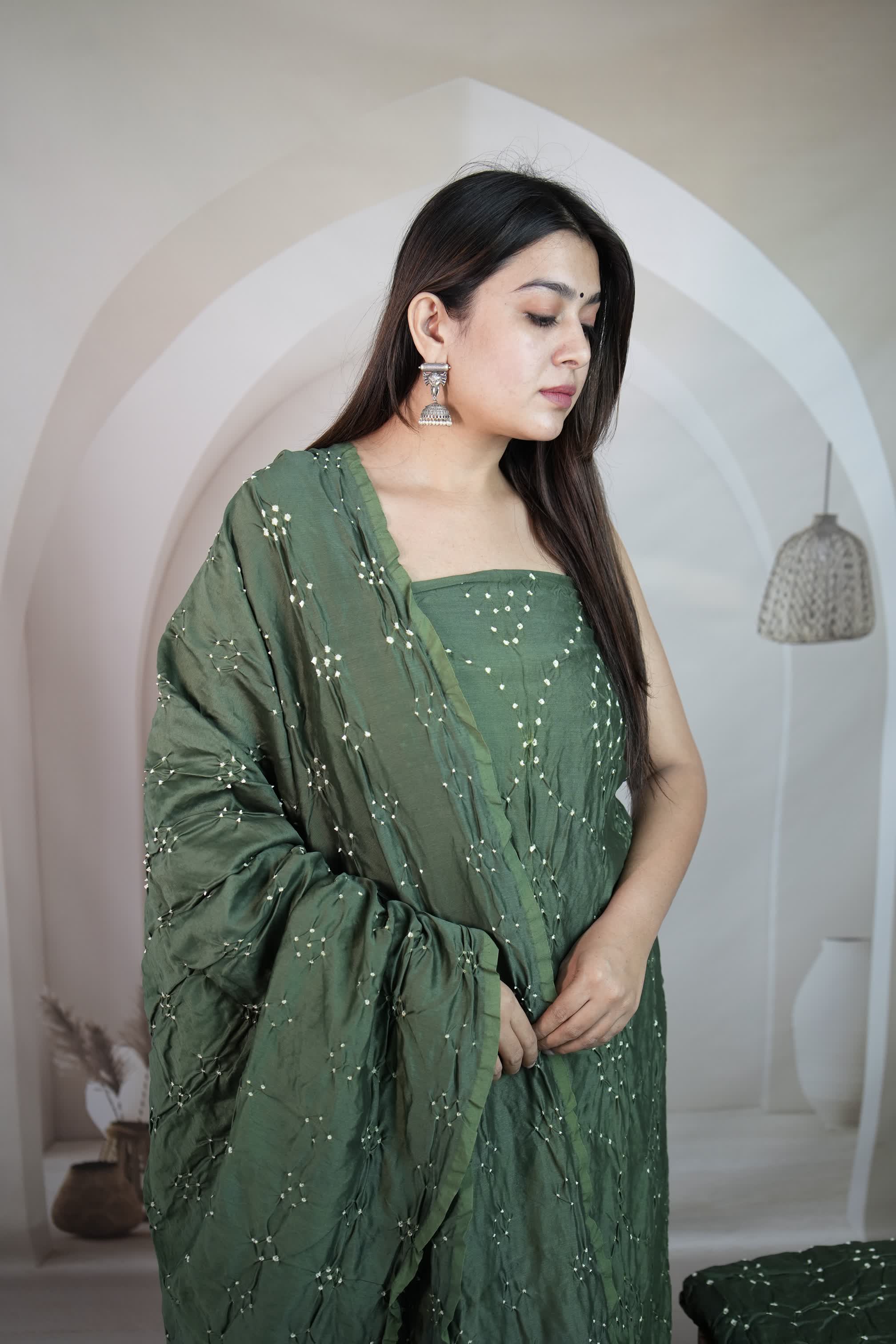Green Rai Bandhej Chanderi Silk Premium Suit Material