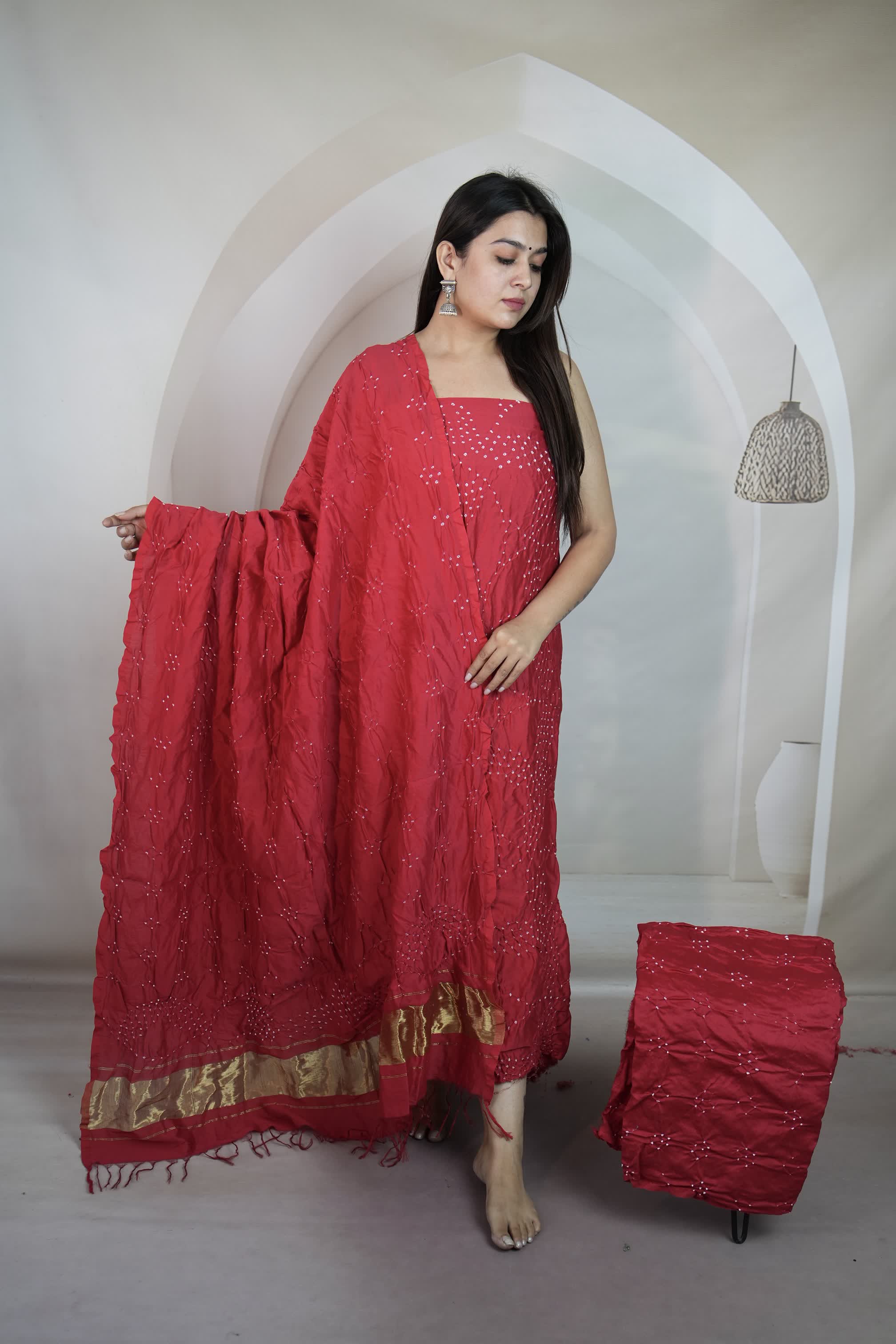 Red Rai Bandhej Chanderi Silk Premium Suit Material