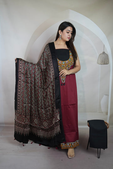Maroon Kutchhi Handwork Ajarakh Suit Material