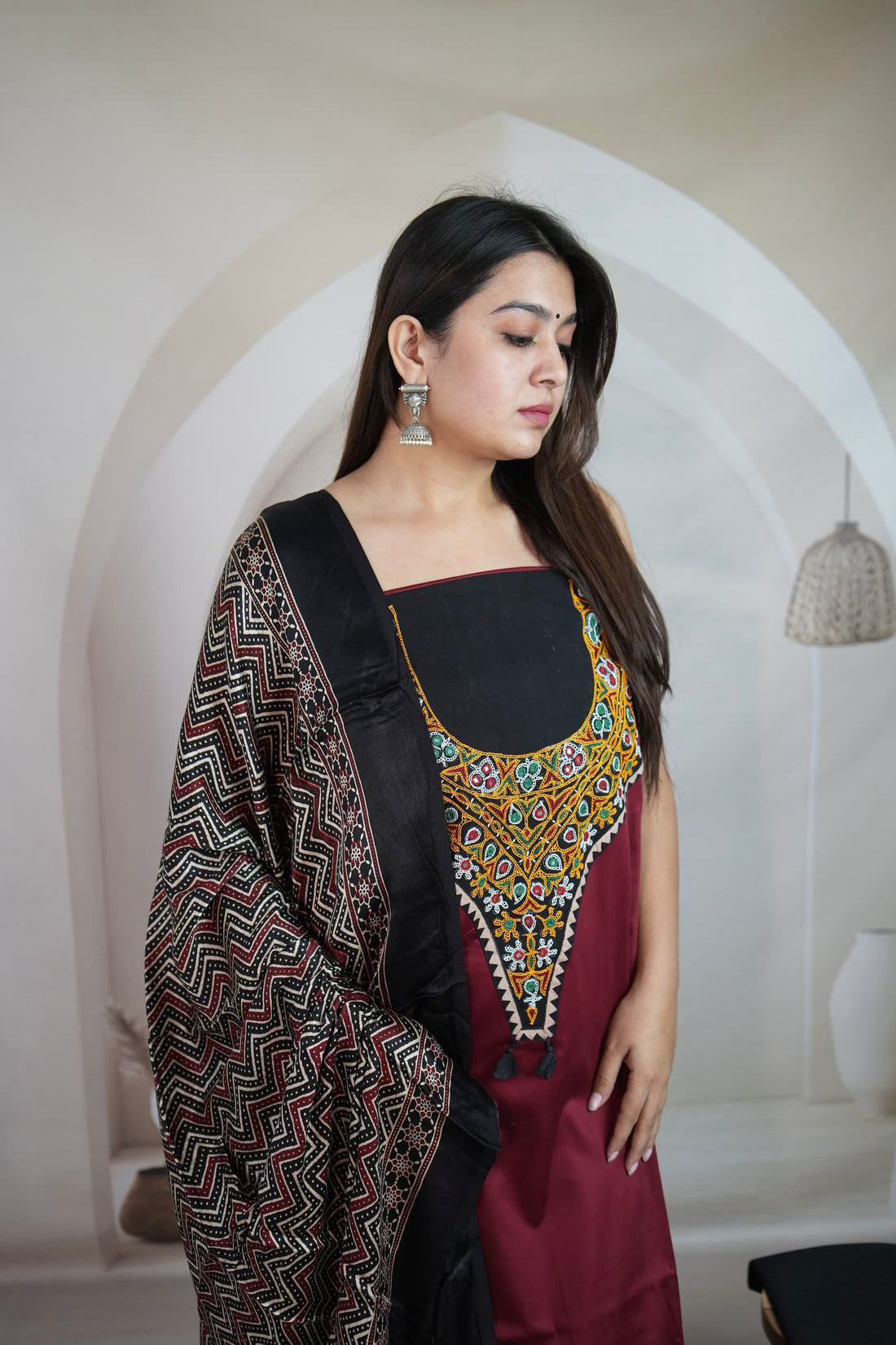 Maroon Kutchhi Handwork Ajarakh Suit Material