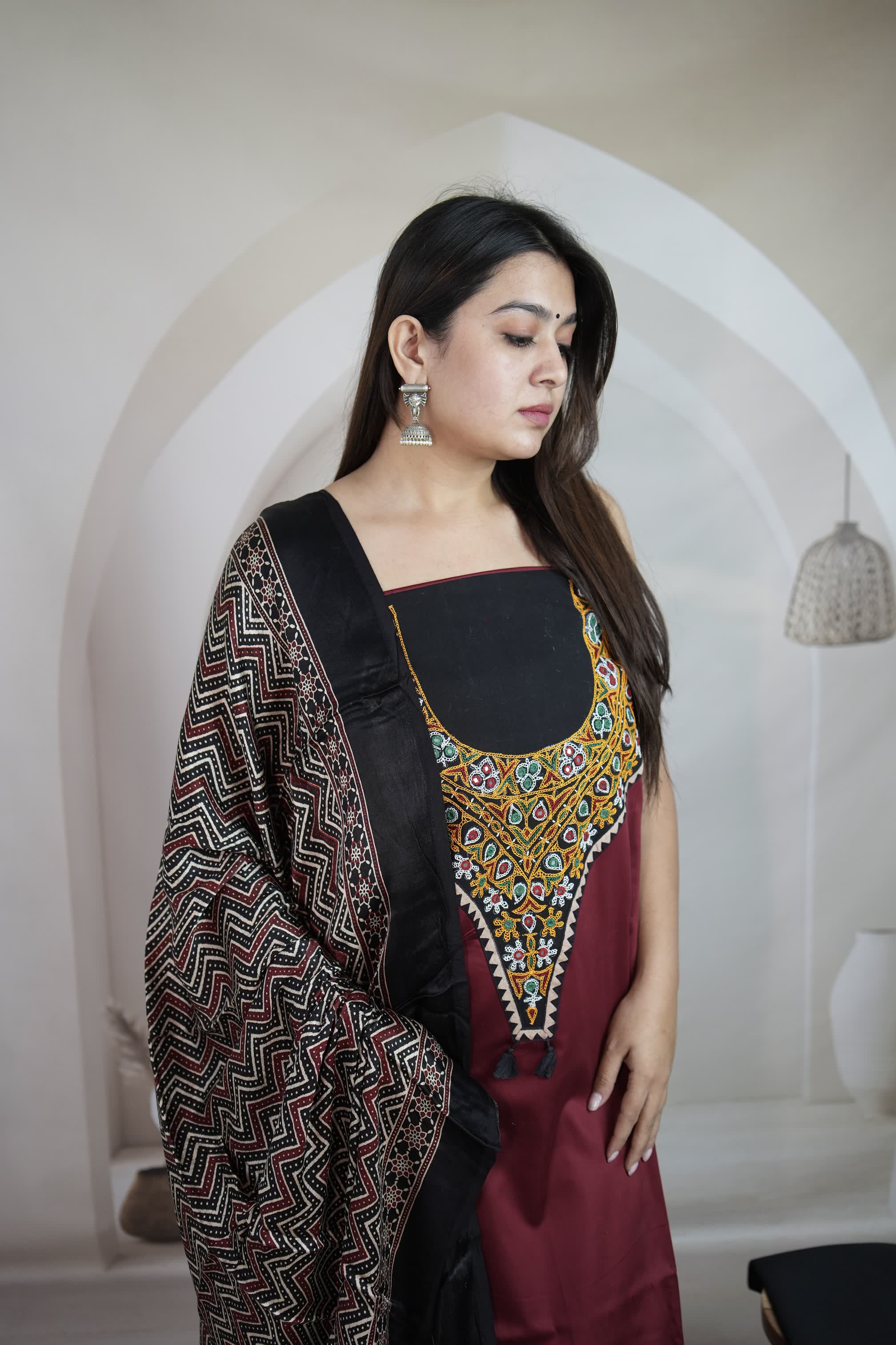 Maroon Kutchhi Handwork Ajarakh Suit Material