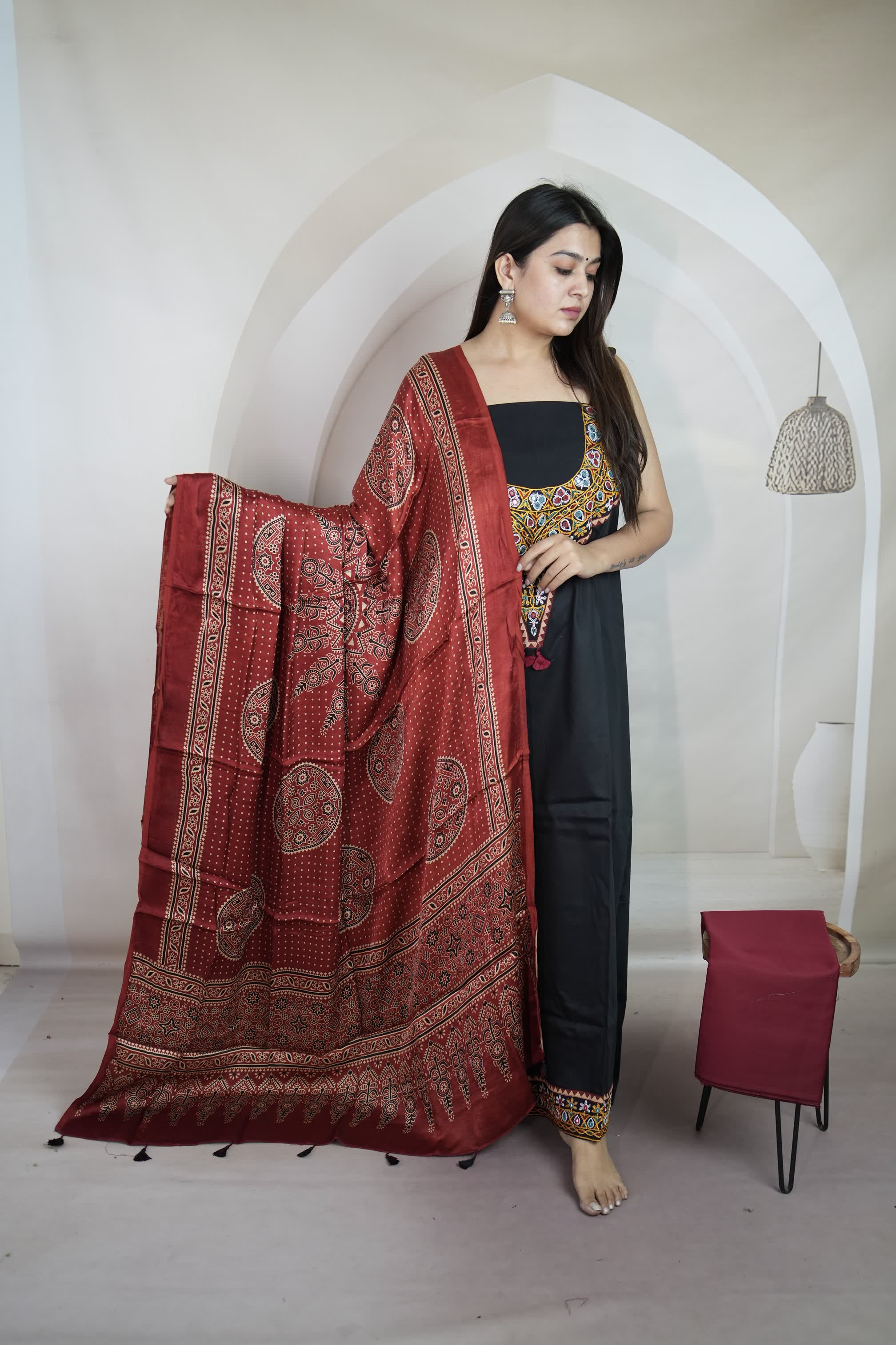 Black Kutchhi Handwork Ajarakh Suit Material