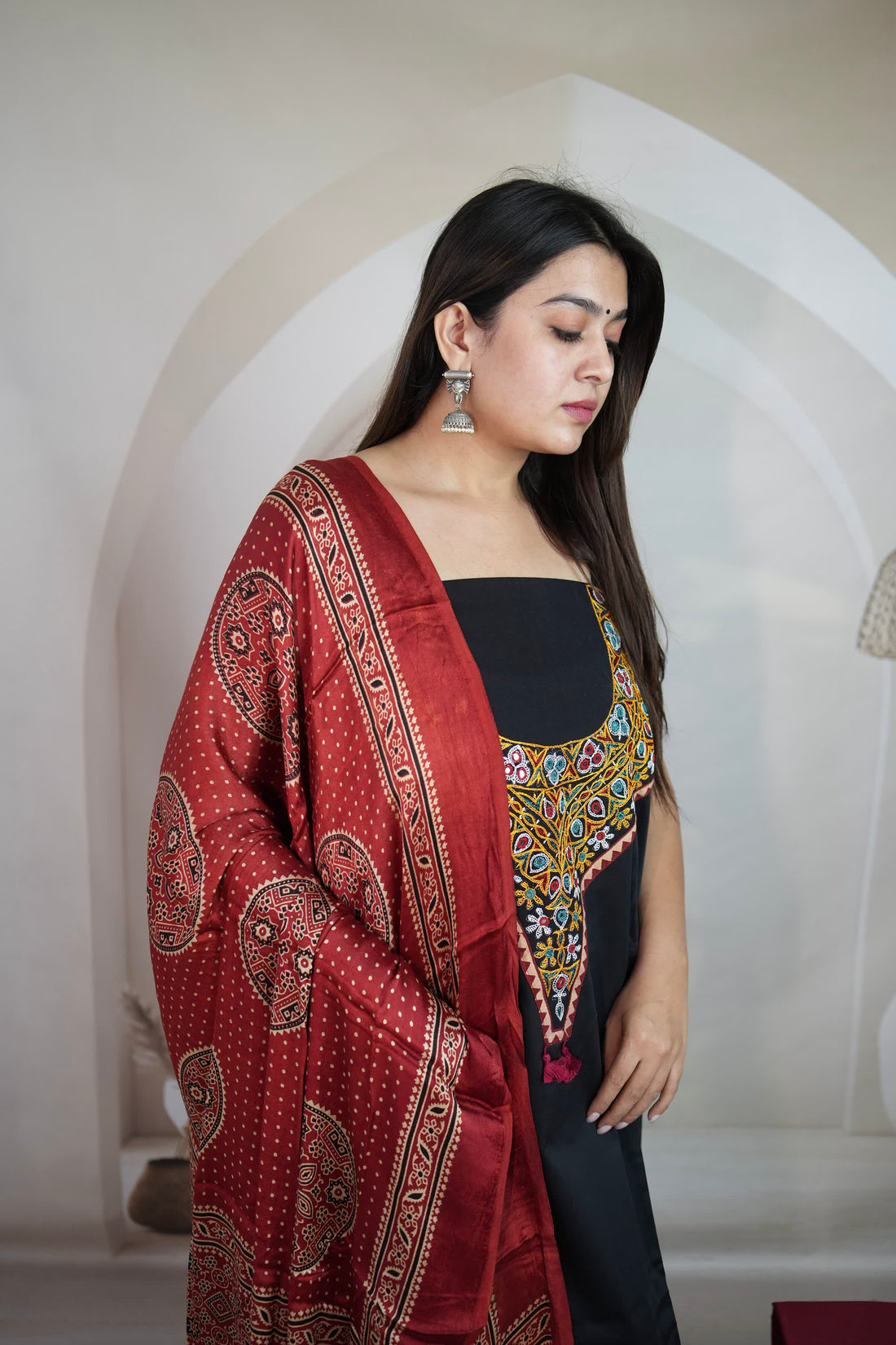 Black Kutchhi Handwork Ajarakh Suit Material