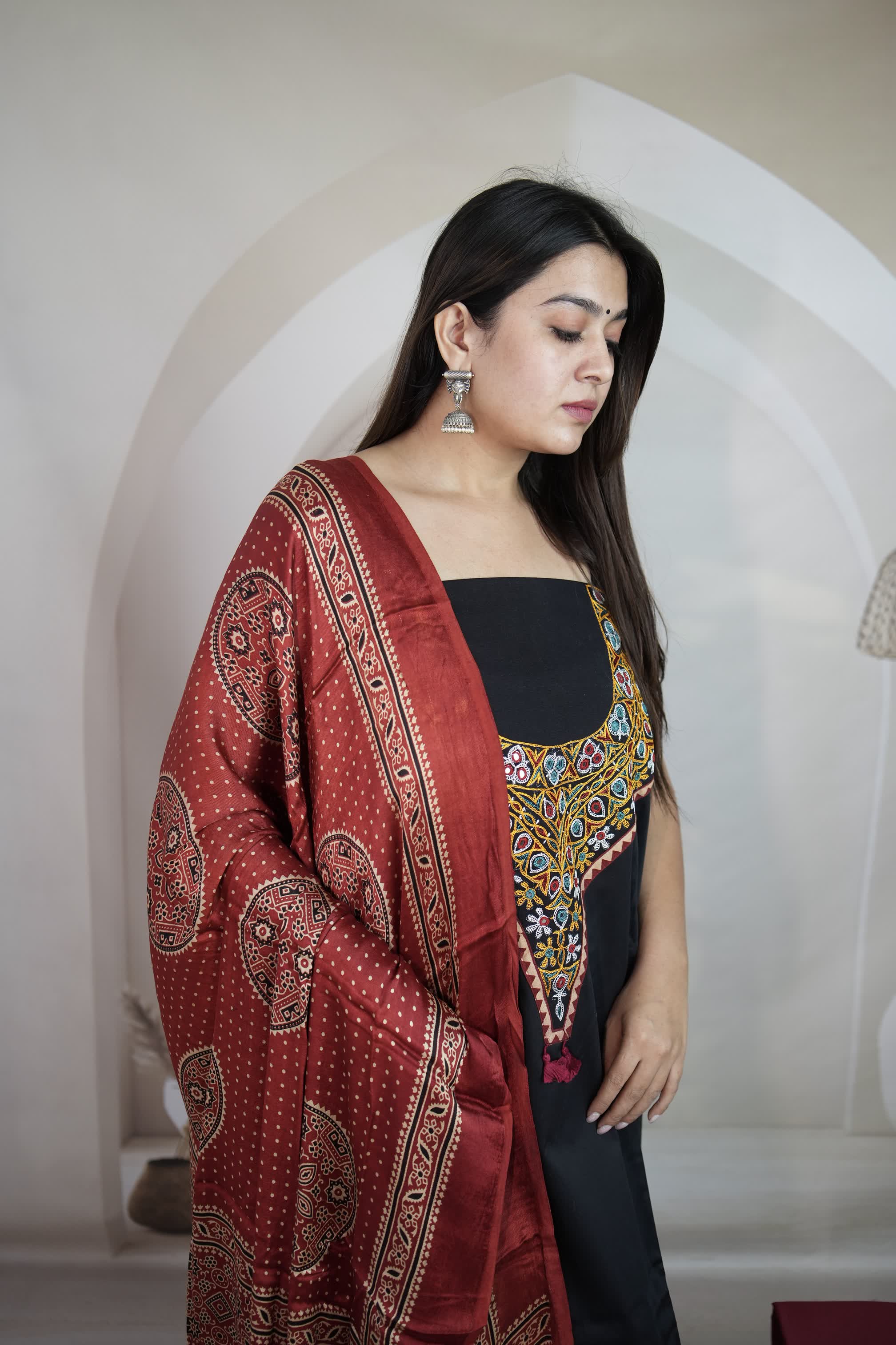 Black Kutchhi Handwork Ajarakh Suit Material