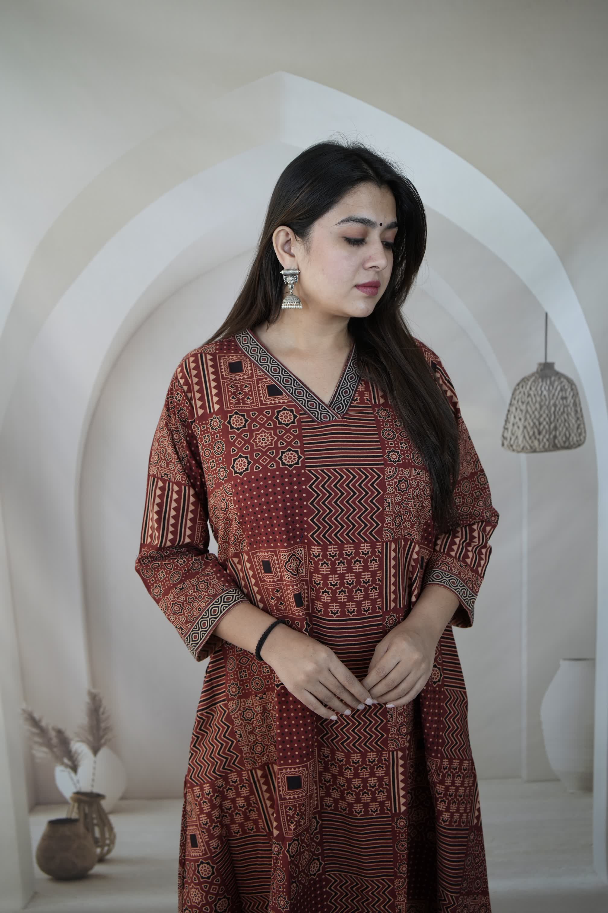 Jiya Maroon Ajarakh A Line Cotton Kurti