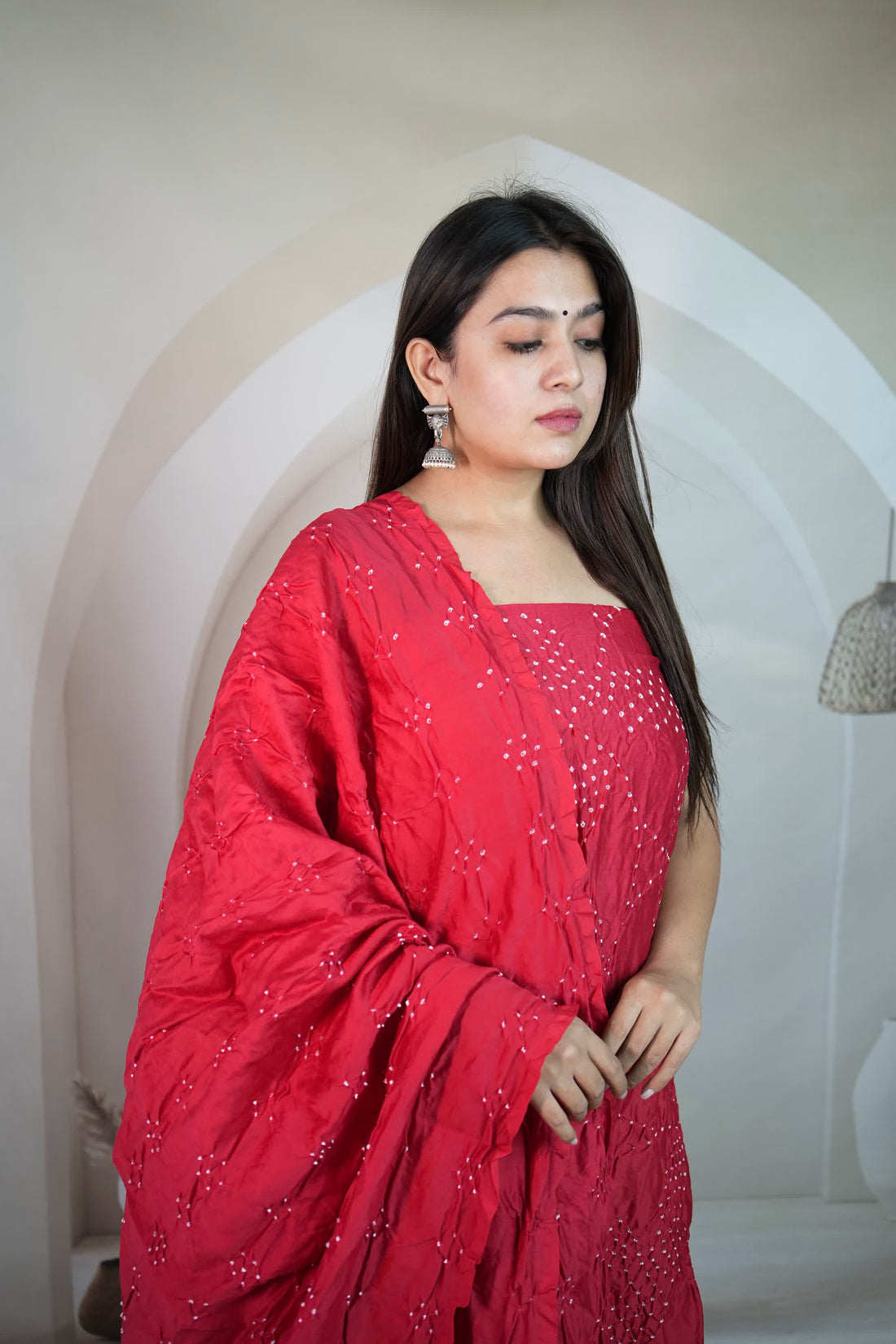 Red Rai Bandhej Chanderi Silk Premium Suit Material