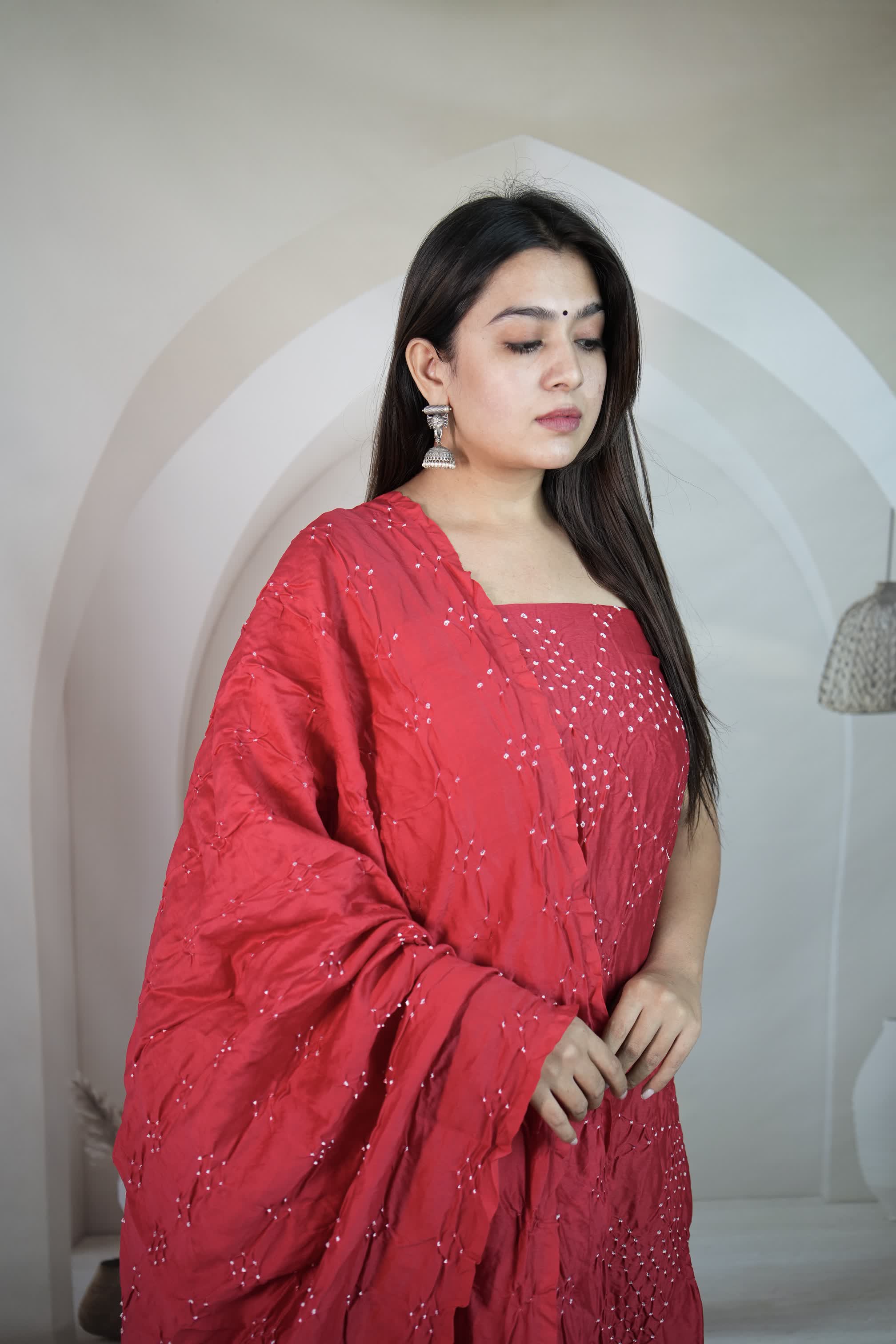 Red Rai Bandhej Chanderi Silk Premium Suit Material