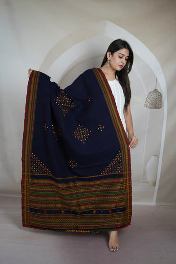 Navy Blue Corner Buti Handwoven Bhujodi Woolen Shawl