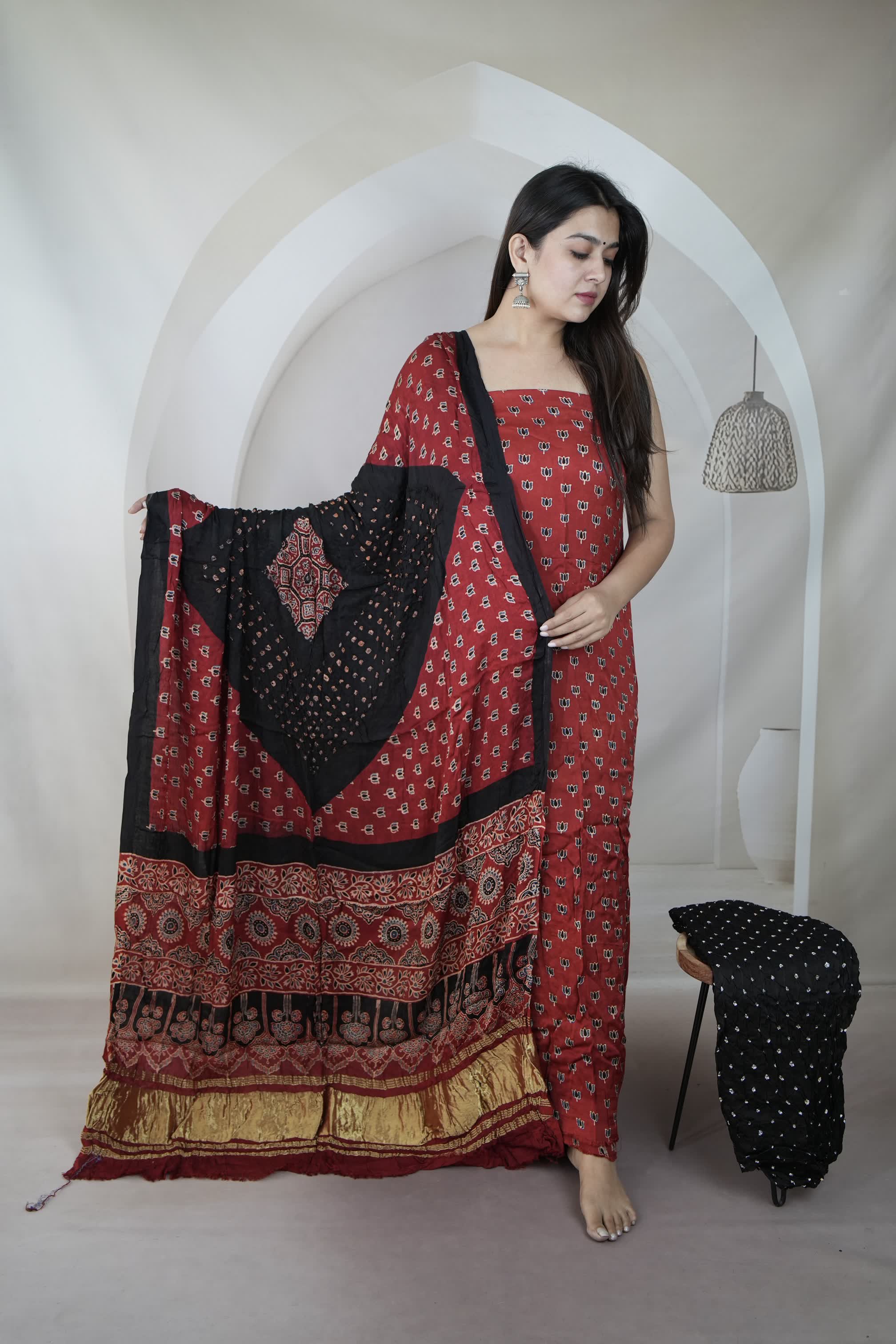 Maroon & Black Ajarakh Bandhani Modal Silk Suit Material