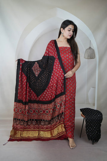 Maroon & Black Ajarakh Bandhani Modal Silk Suit Material