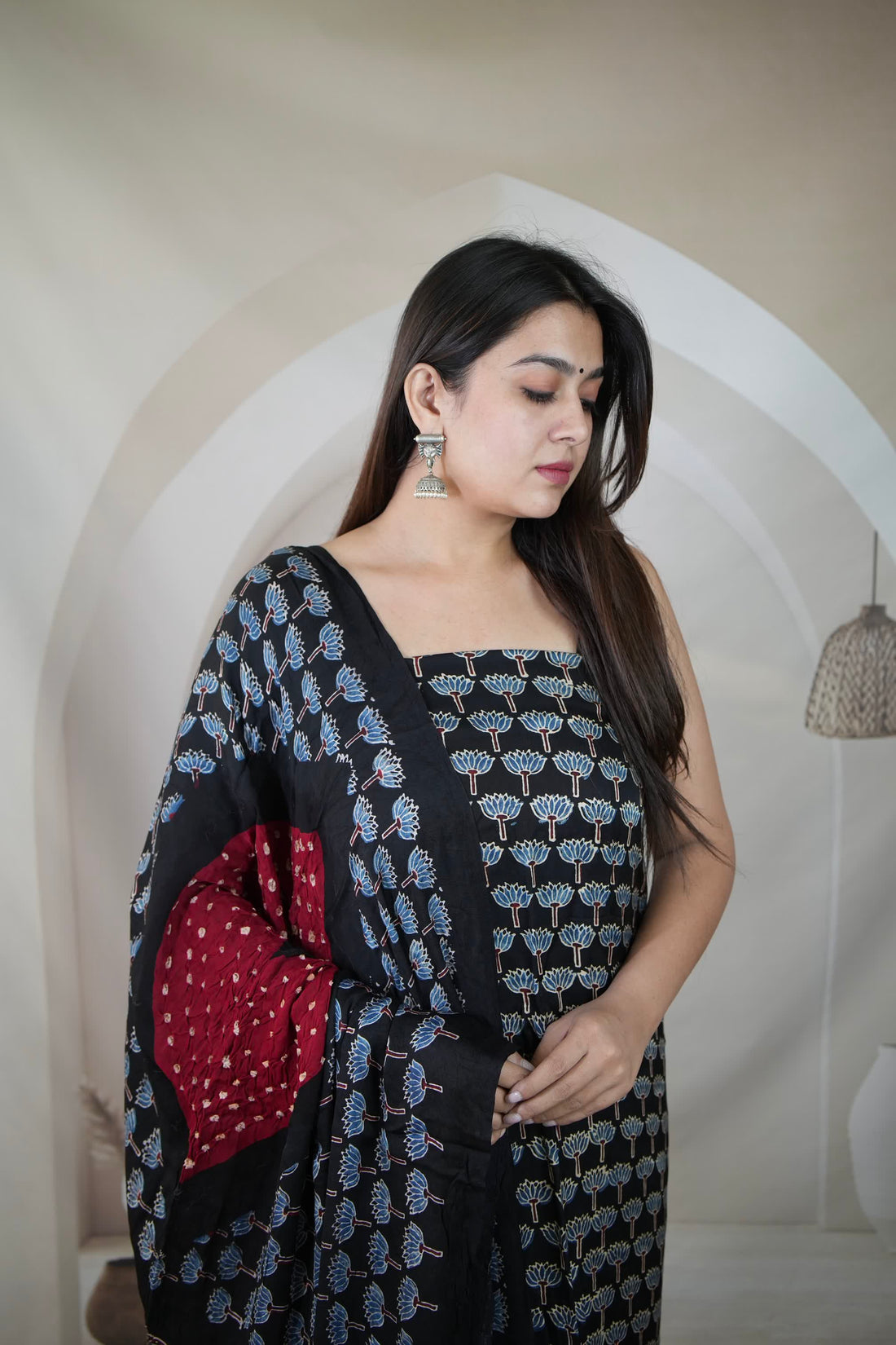 Black & Maroon Ajarakh Bandhani Modal Silk Suit Material