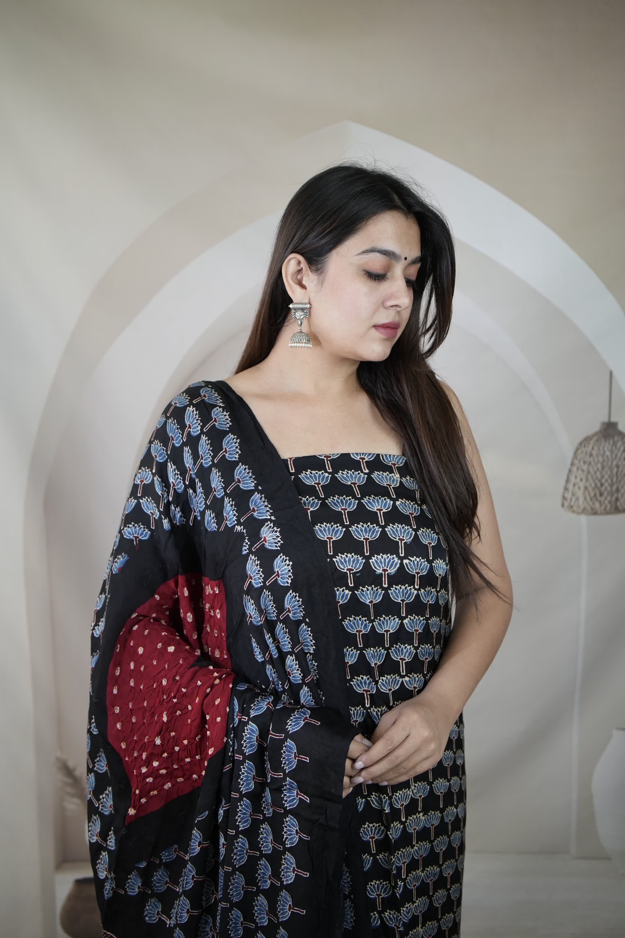 Black & Maroon Ajarakh Bandhani Modal Silk Suit Material