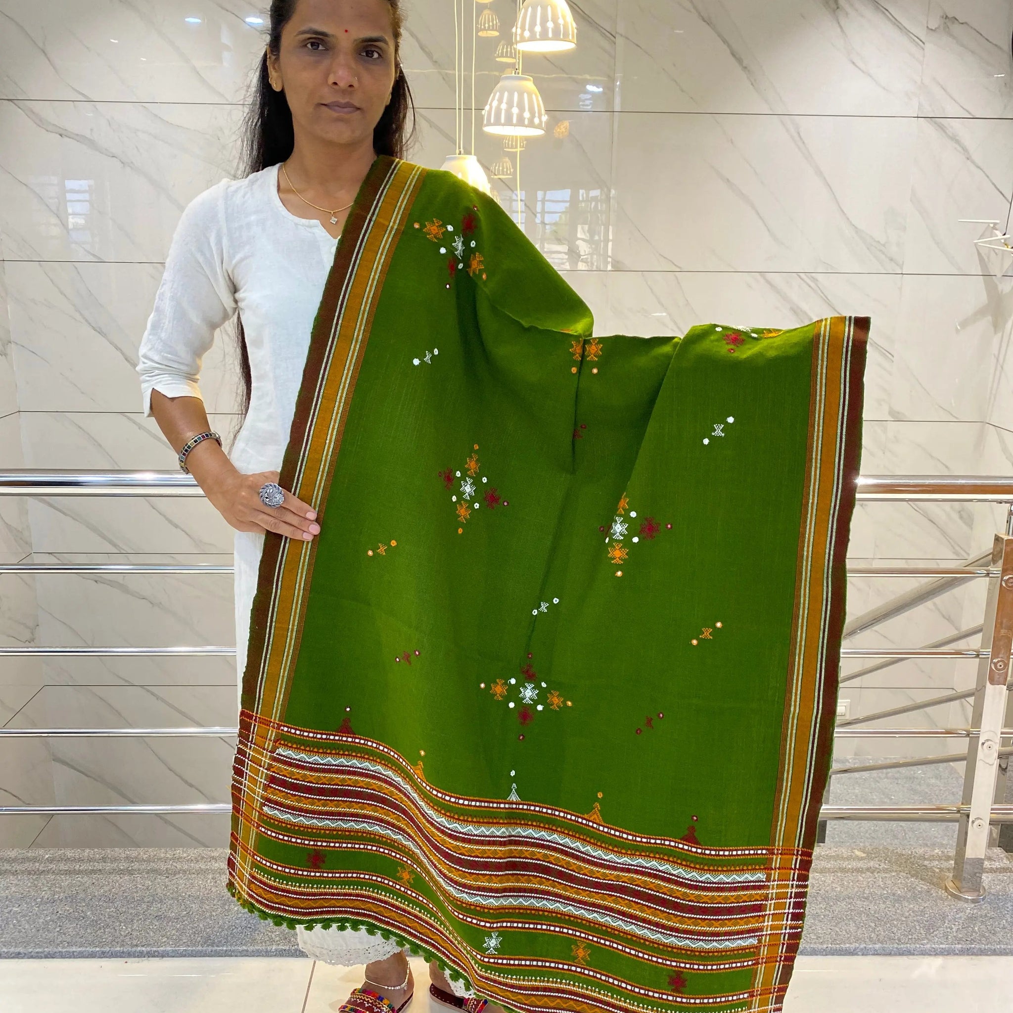 Parrot Green Chomakh Bhujodi Woolen Shawl RAKHIYO