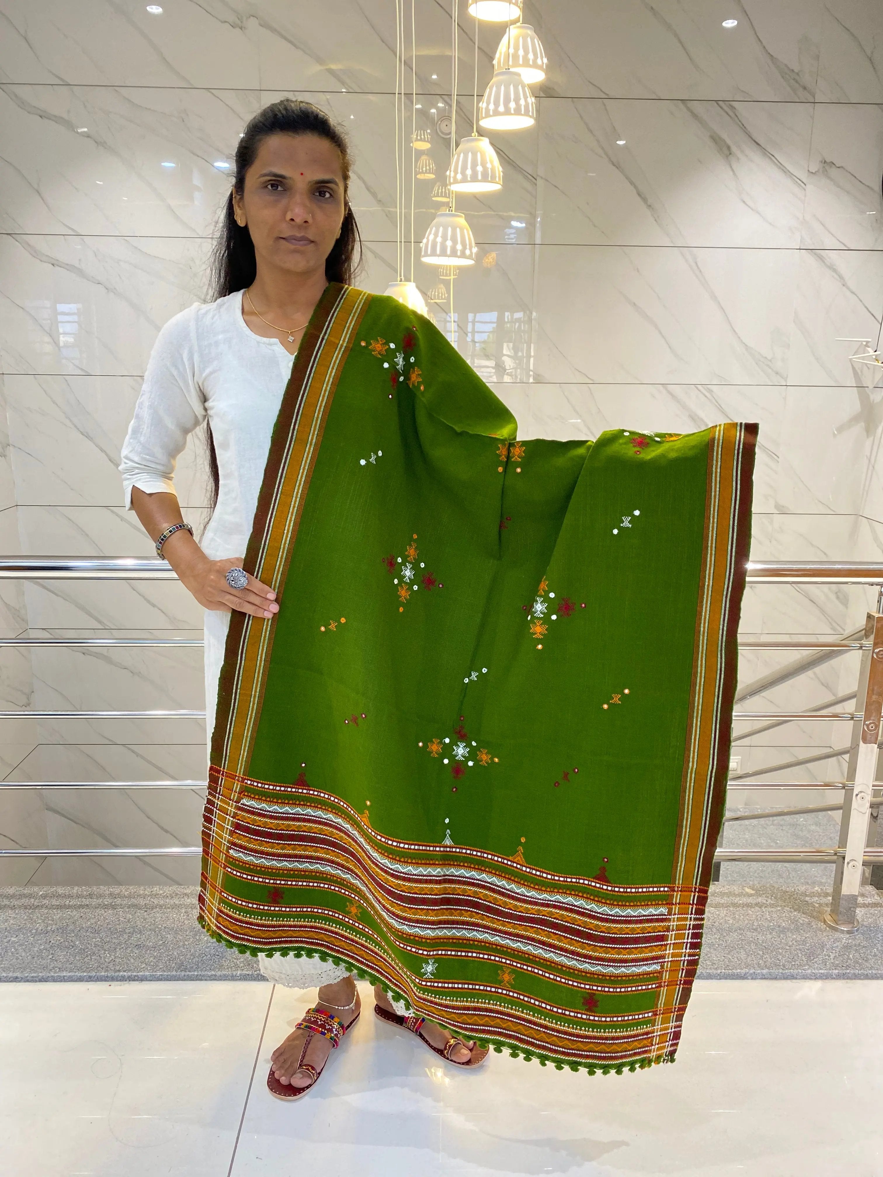 Parrot Green Chomakh Bhujodi Woolen Shawl RAKHIYO