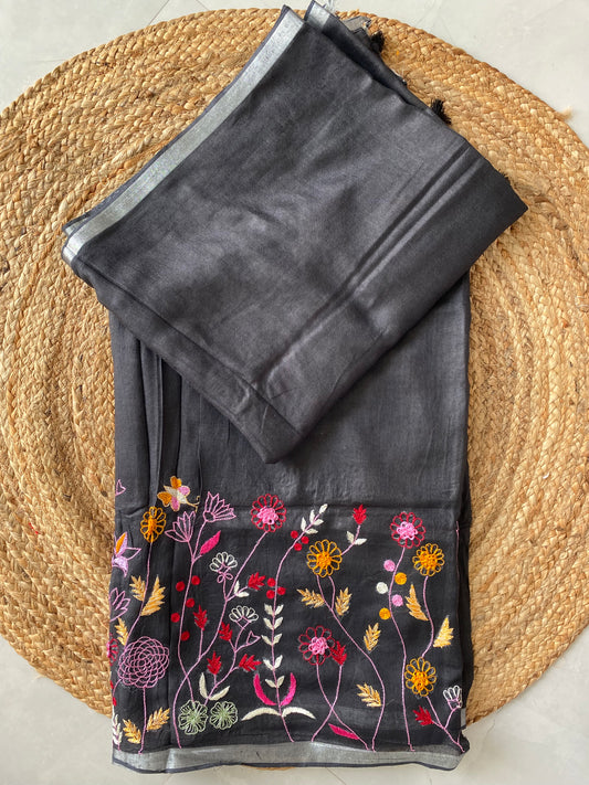 Linen Embroidered Saree