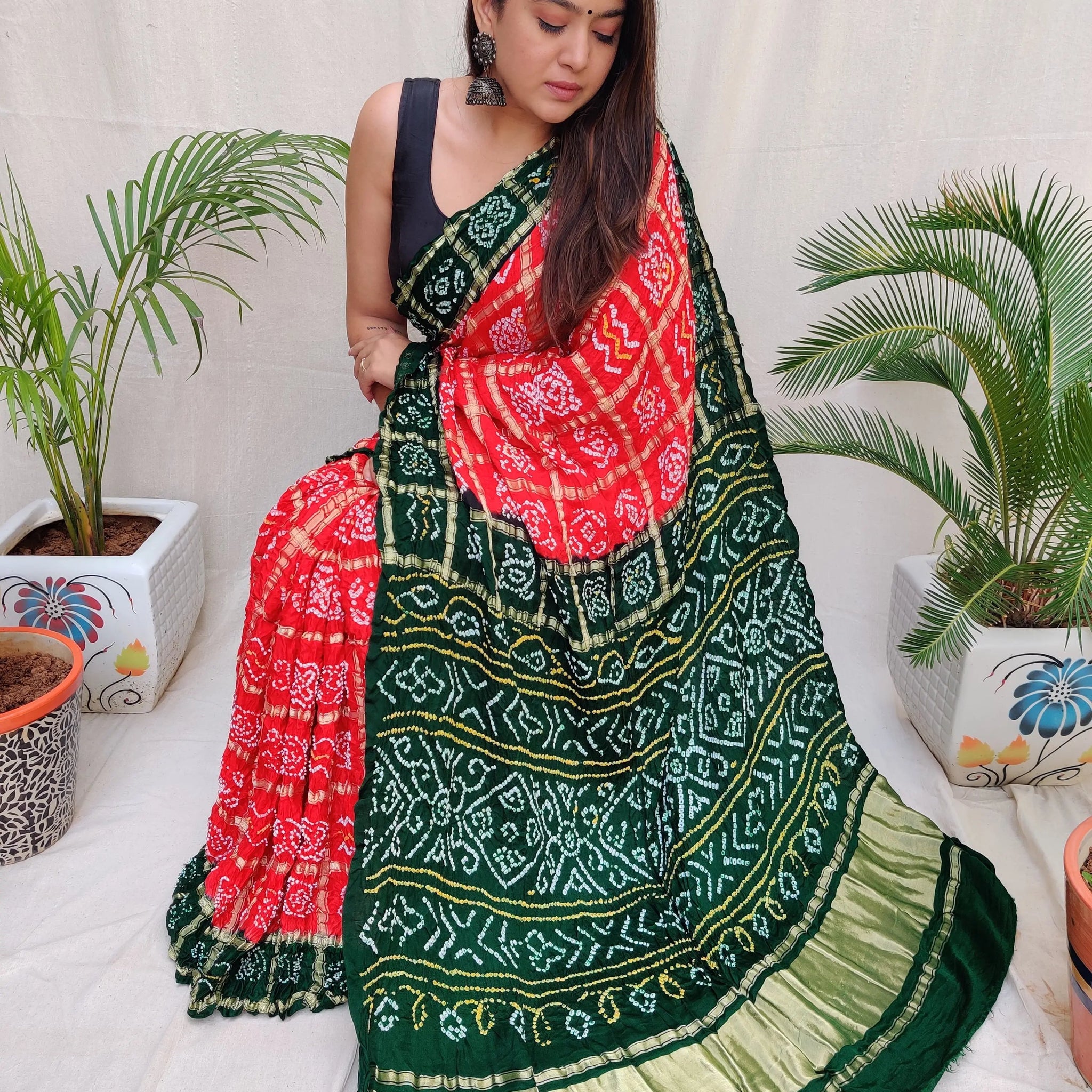 Bottle Green & Red Bandhej Garchola Gaji Silk Saree RAKHIYO