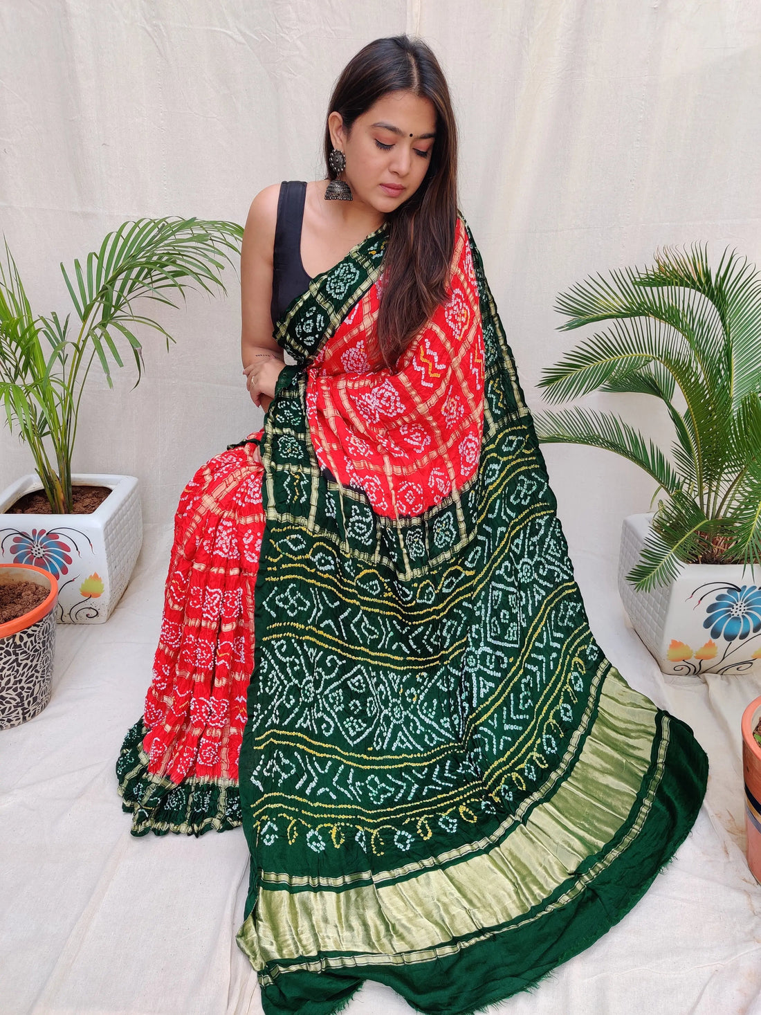 Bottle Green & Red Bandhej Garchola Gaji Silk Saree RAKHIYO