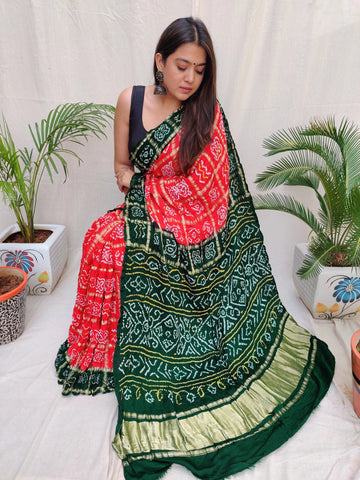 Bottle Green & Red Bandhej Garchola Gaji Silk Saree RAKHIYO