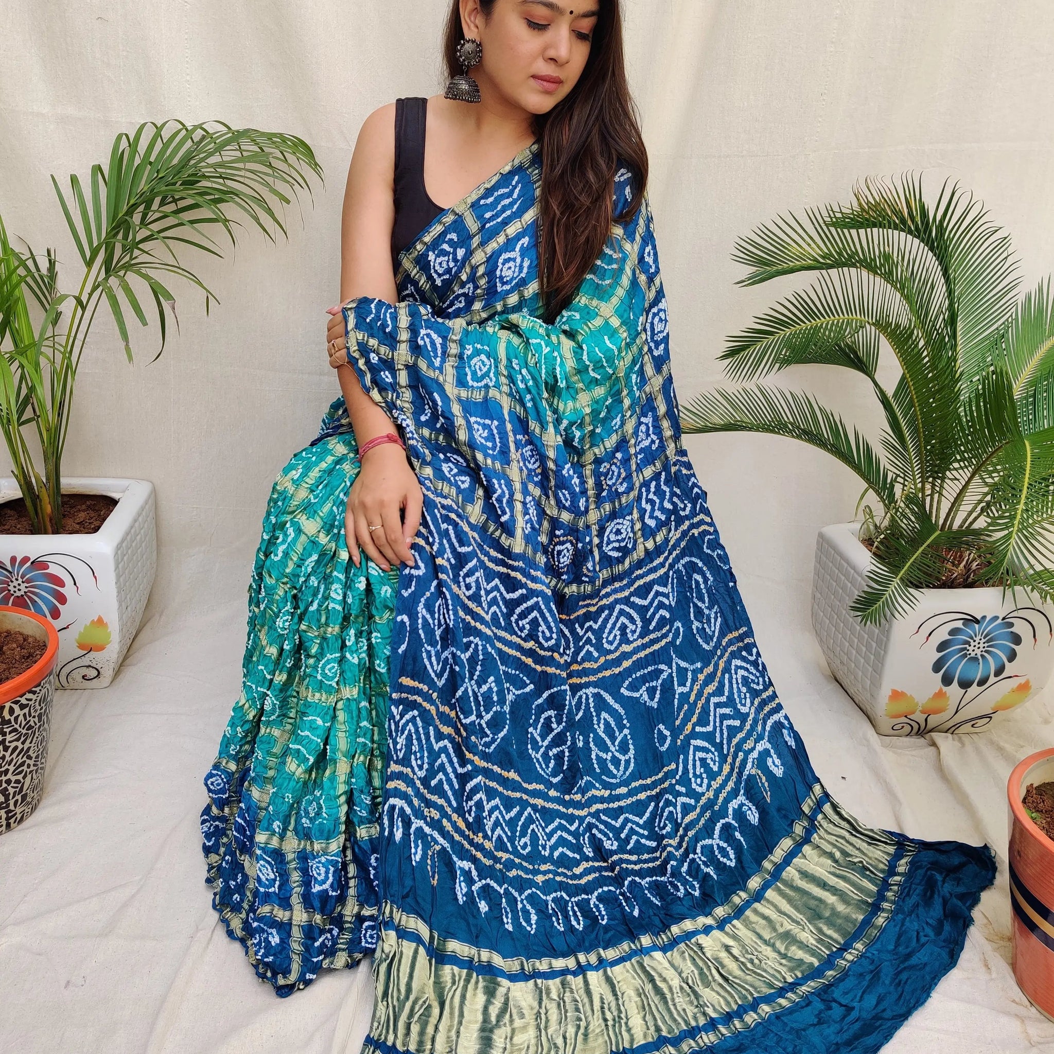 Teal Blue & Sea Green Bandhej Garchola Gaji Silk Saree RAKHIYO