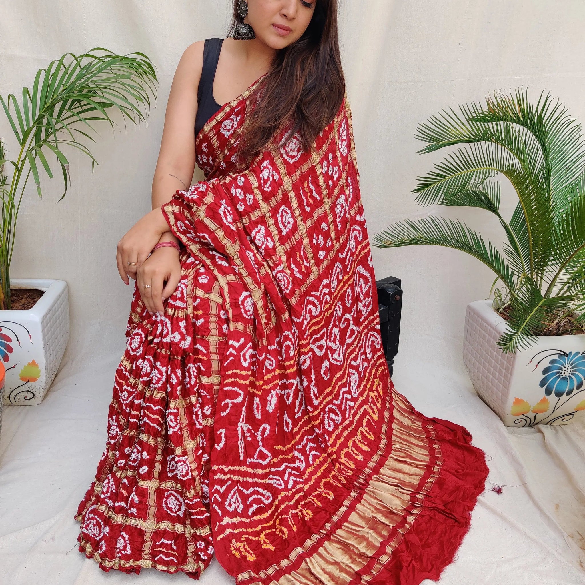 Red Bandhej Garchola Gaji Silk Saree RAKHIYO