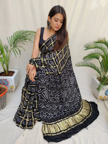Black Bandhej Garchola Gaji Silk Saree RAKHIYO