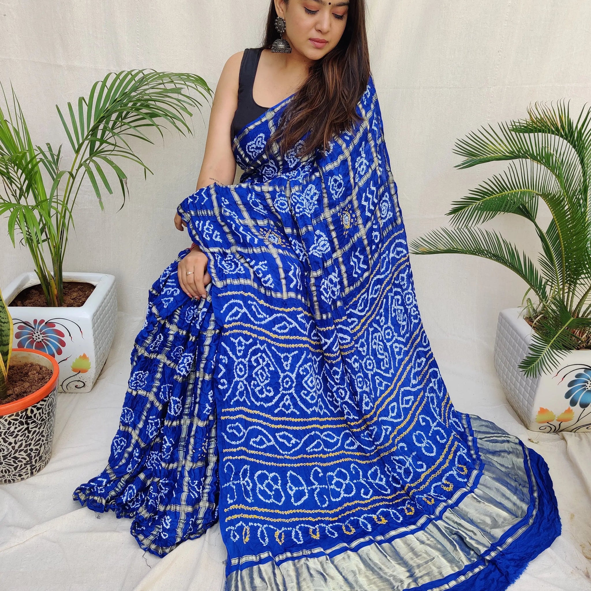 Royal Blue Bandhej Garchola Gaji Silk Saree RAKHIYO