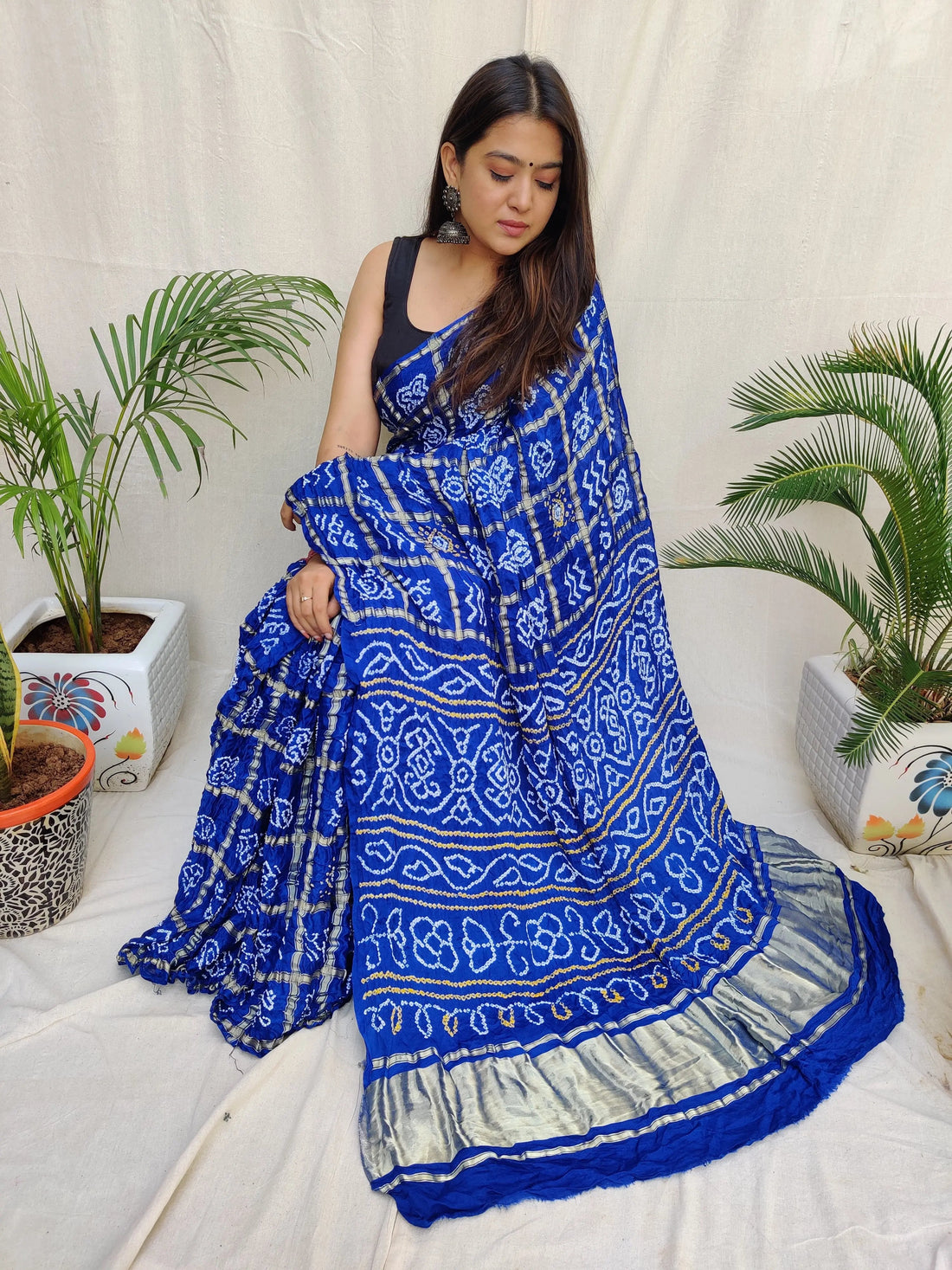 Royal Blue Bandhej Garchola Gaji Silk Saree RAKHIYO