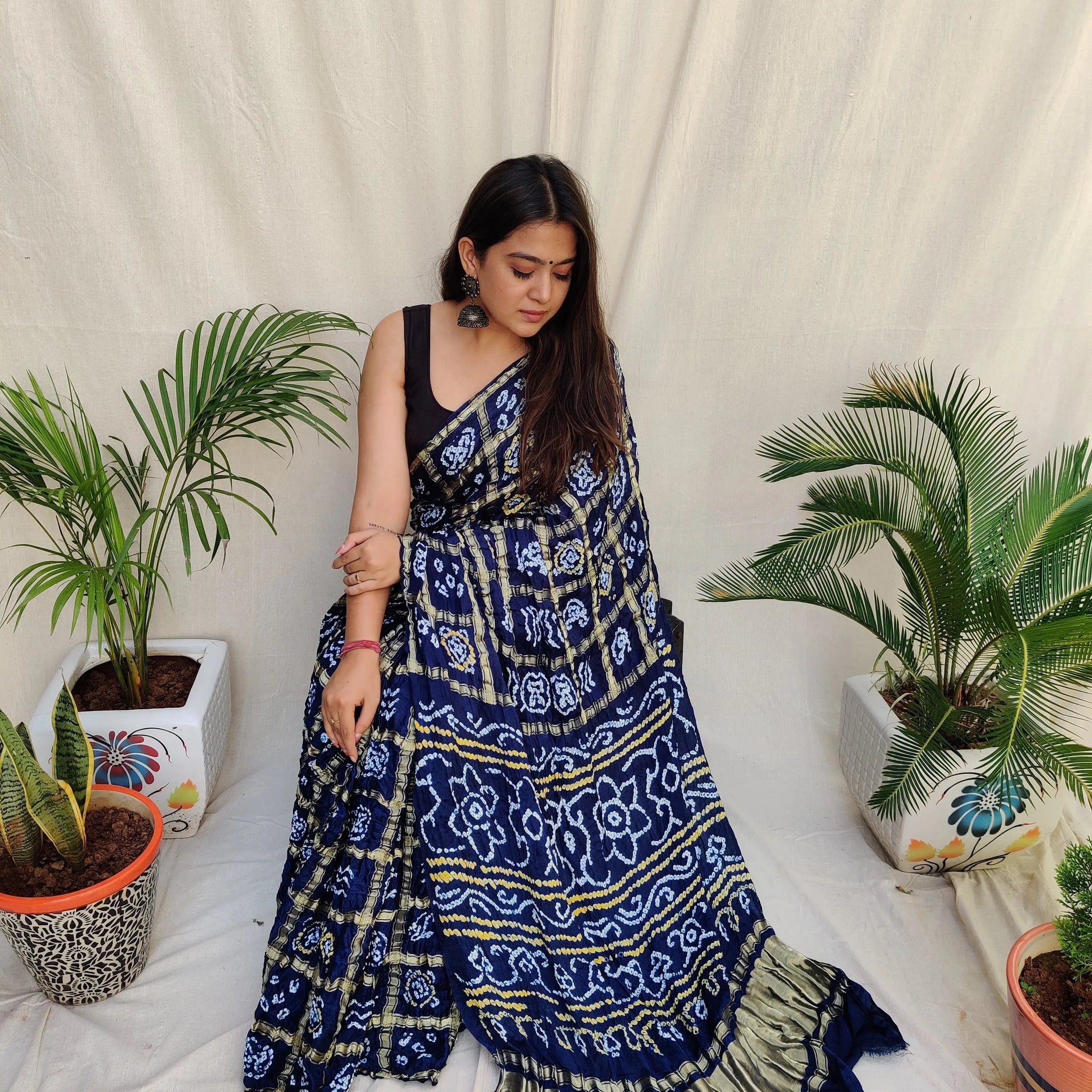 Navy Blue Bandhej Garchola Gaji Silk Saree RAKHIYO