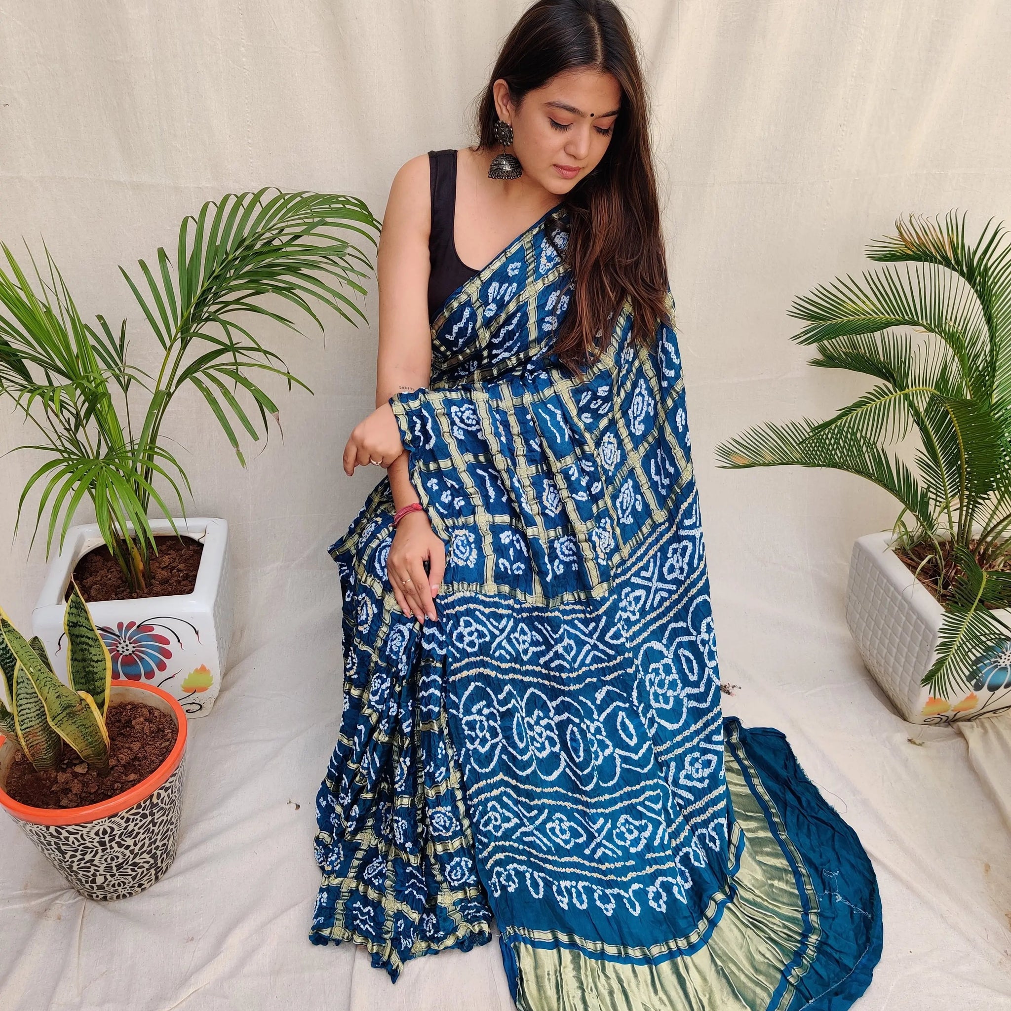 Teal Blue Bandhej Garchola Gaji Silk Saree RAKHIYO