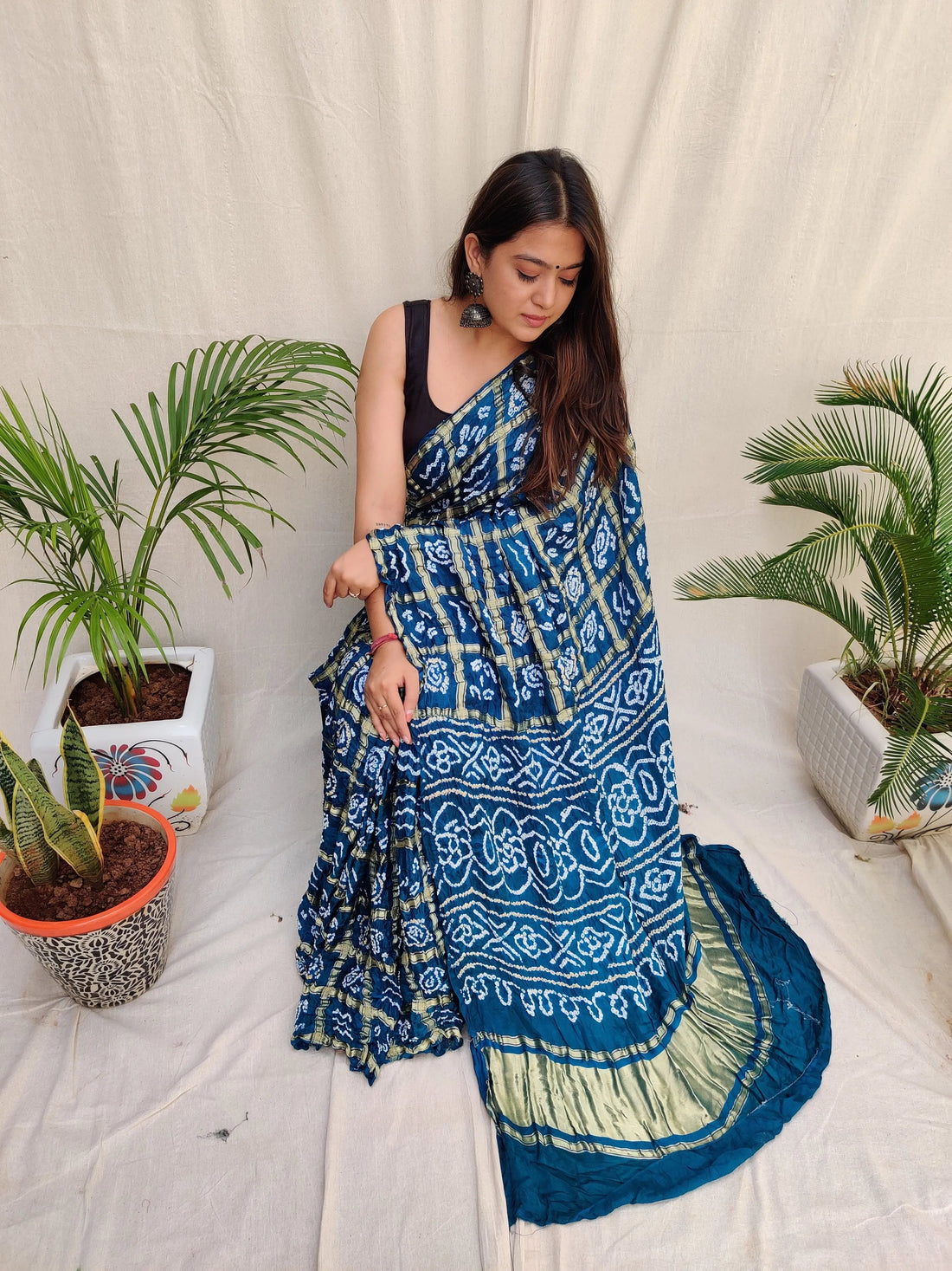 Teal Blue Bandhej Garchola Gaji Silk Saree RAKHIYO