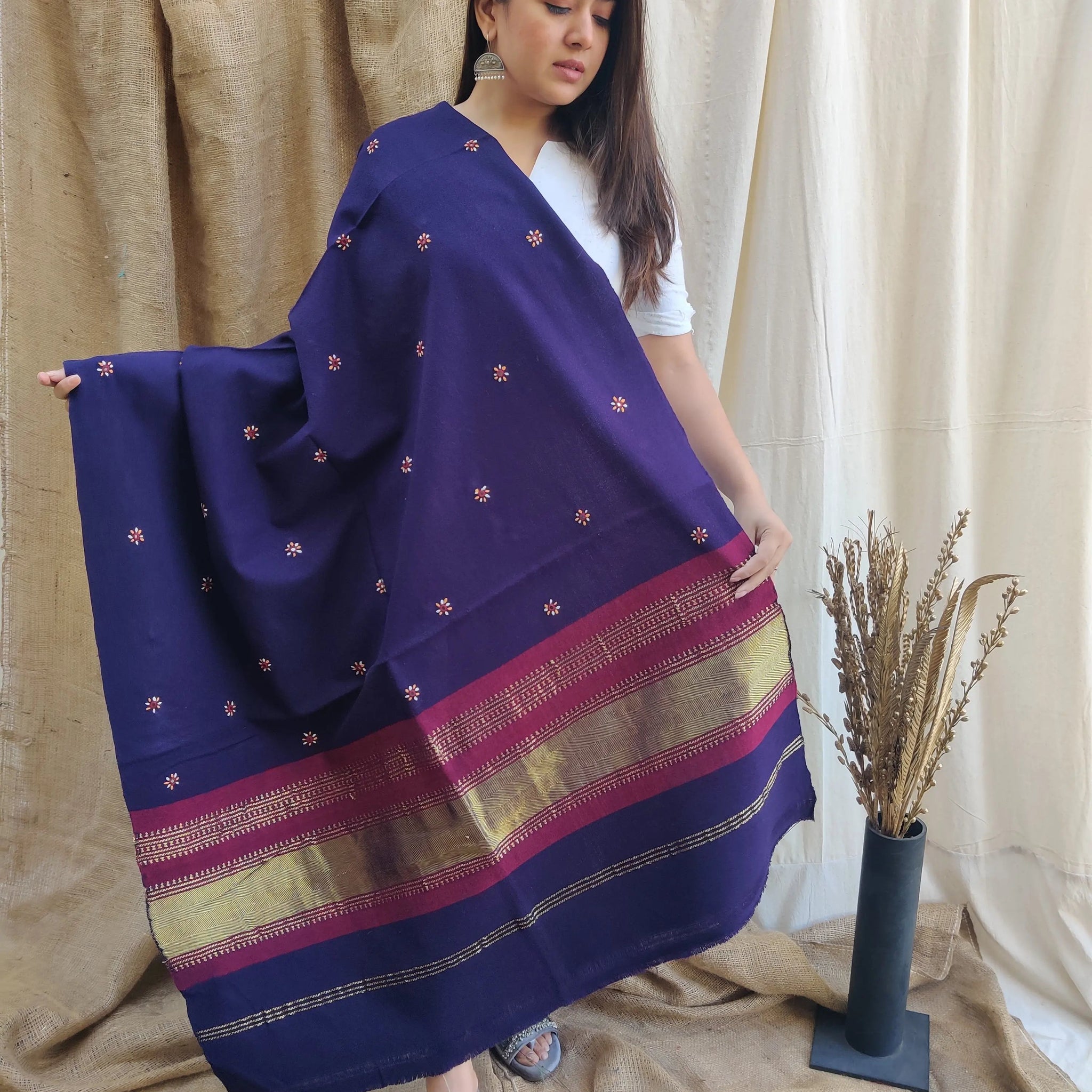 Navy Blue Jari Abhala Bhujodi Woolen Shawl RAKHIYO