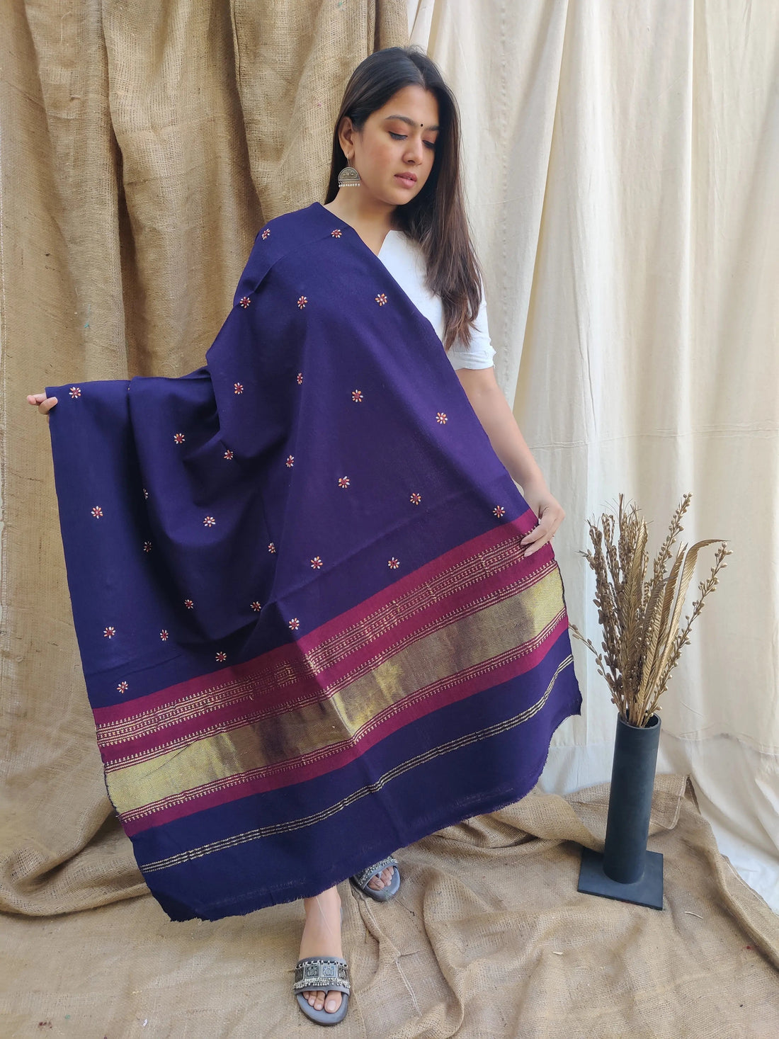 Navy Blue Jari Abhala Bhujodi Woolen Shawl RAKHIYO