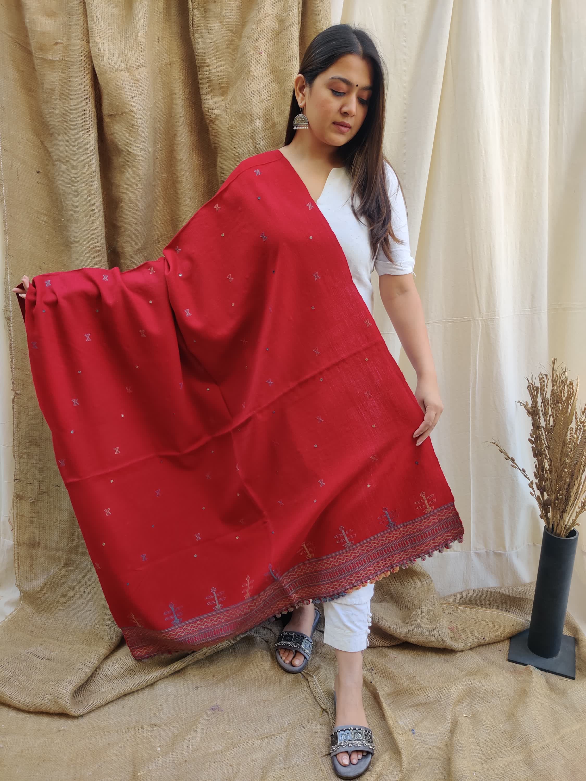 Maroon Tree & Buti Bhujodi Woolen Shawl