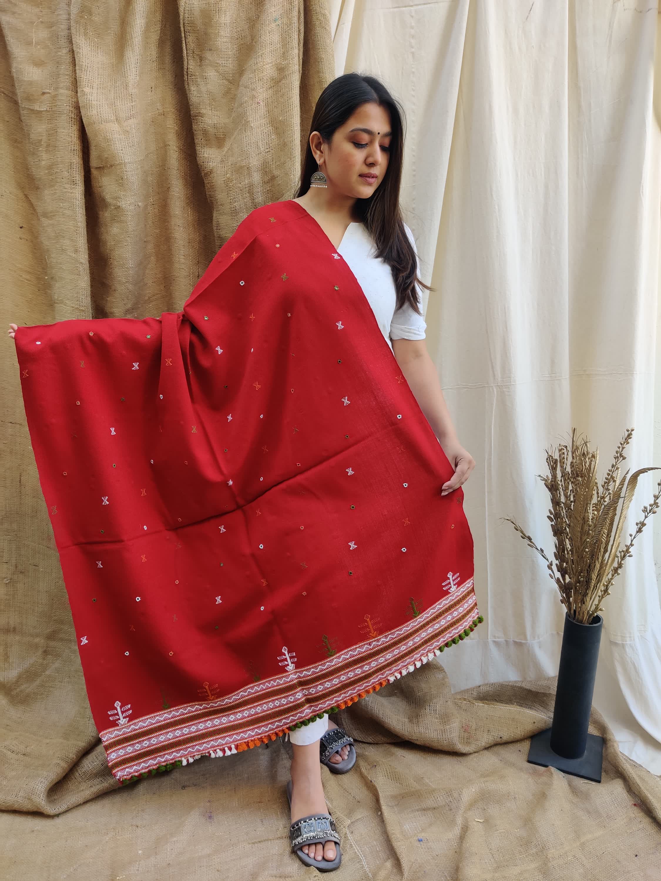 Maroon Tree & Buti Bhujodi Woolen Shawl