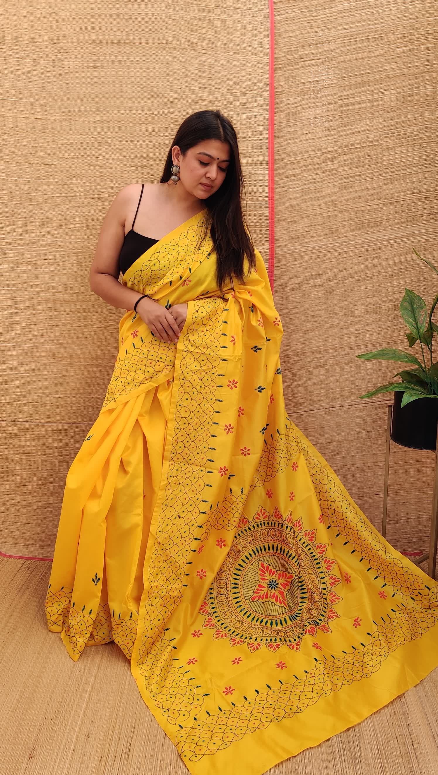Mustard Kutchhi Embroidered Kantha Saree RAKHIYO