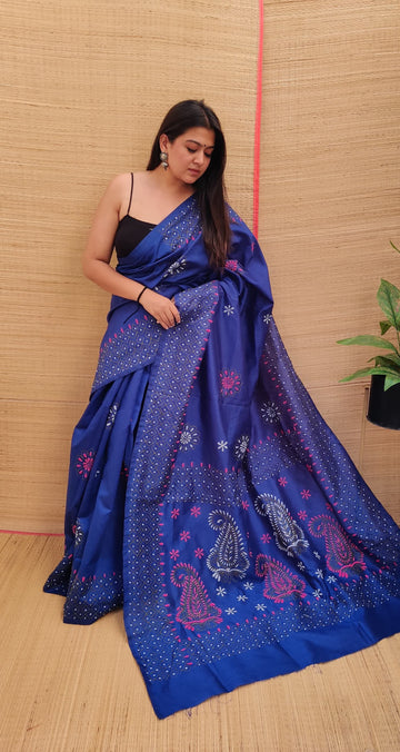 Blue Kutchhi Embroidered Kantha Saree RAKHIYO
