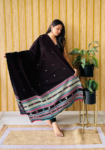 Black Small Buti Bhujodi Woolen Shawl