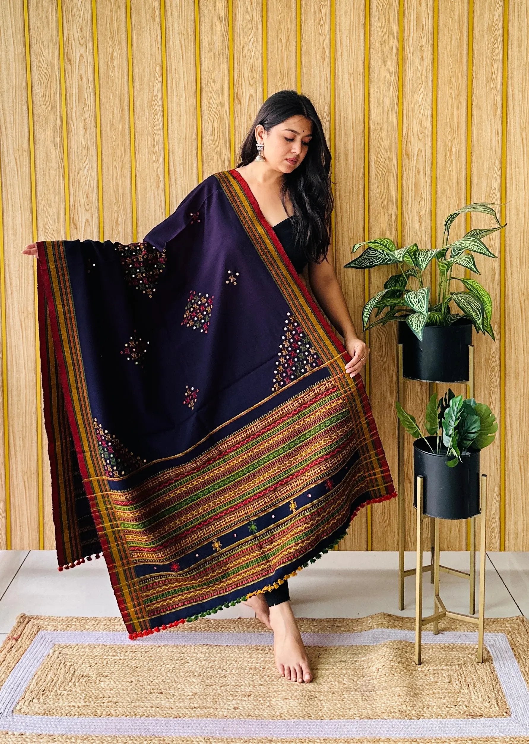 Navy Blue Corner Buti Bhujodi Woolen Shawl RAKHIYO