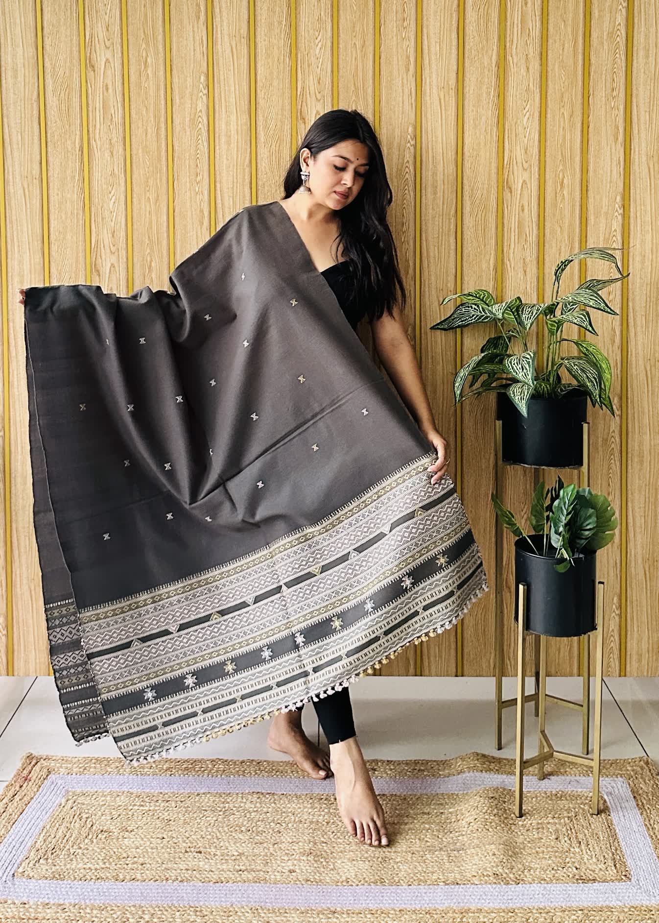 Dark Grey Small Buti Bhujodi Woolen Shawl