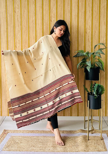 Beige Small Buti Bhujodi Woolen Shawl