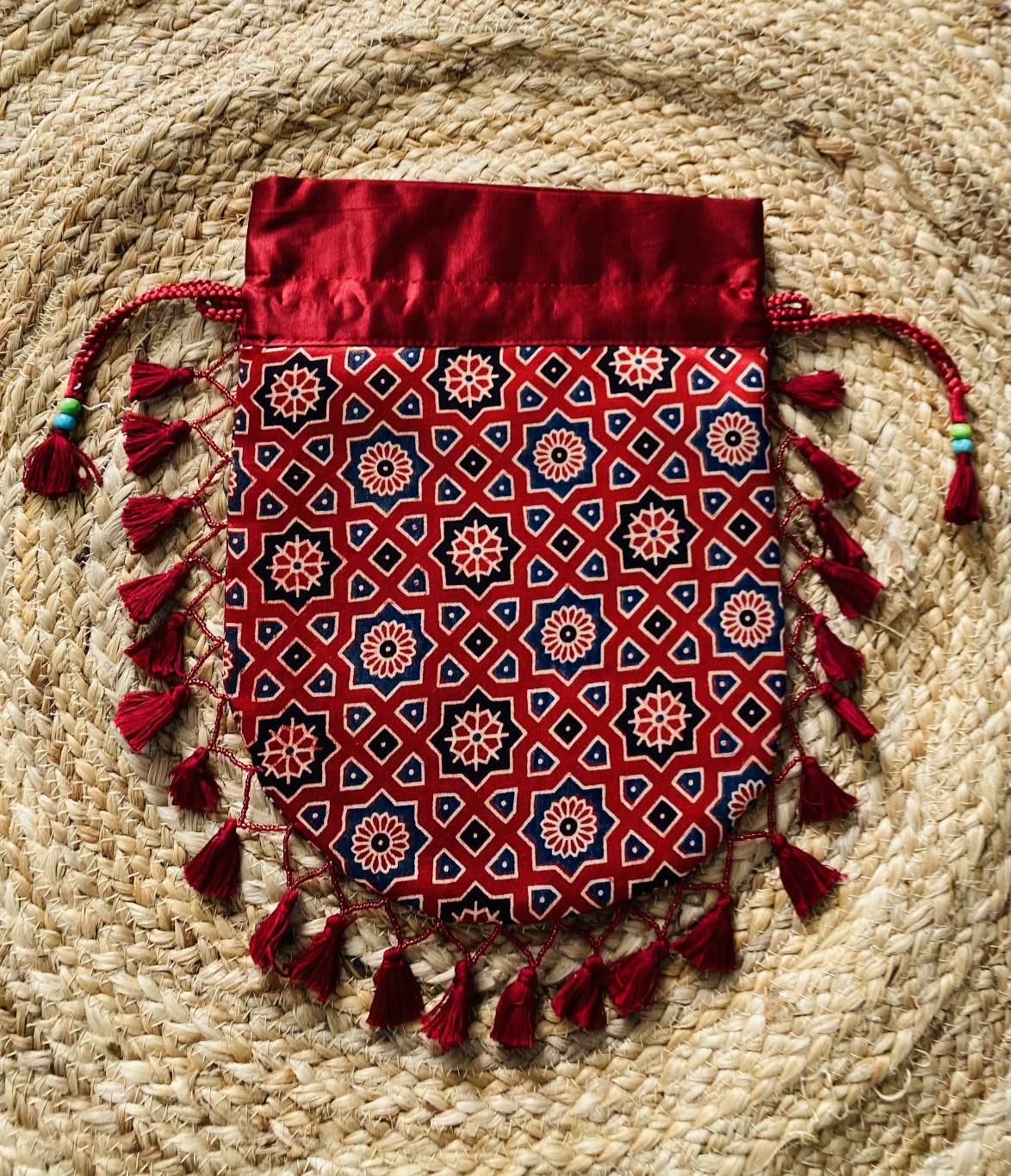 Ajarakh Bead Work Tessal Potli Bag