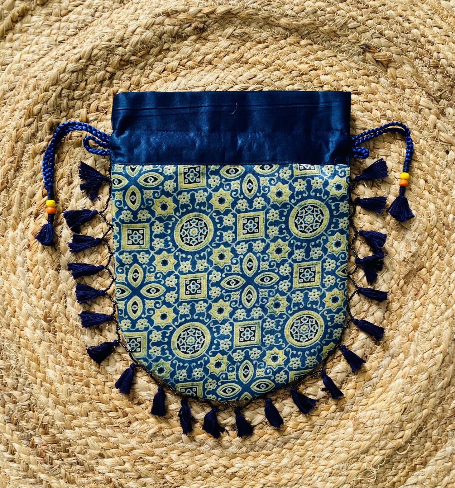 Ajarakh Bead Work Tessal Potli Bag