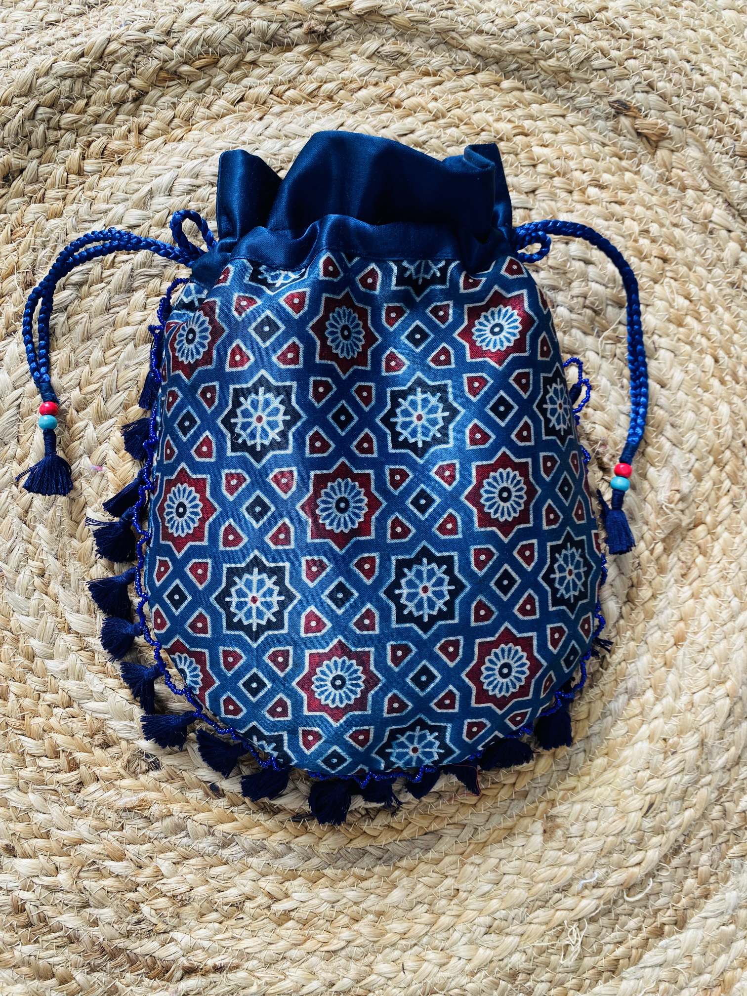 Ajarakh Bead Work Tessal Potli Bag