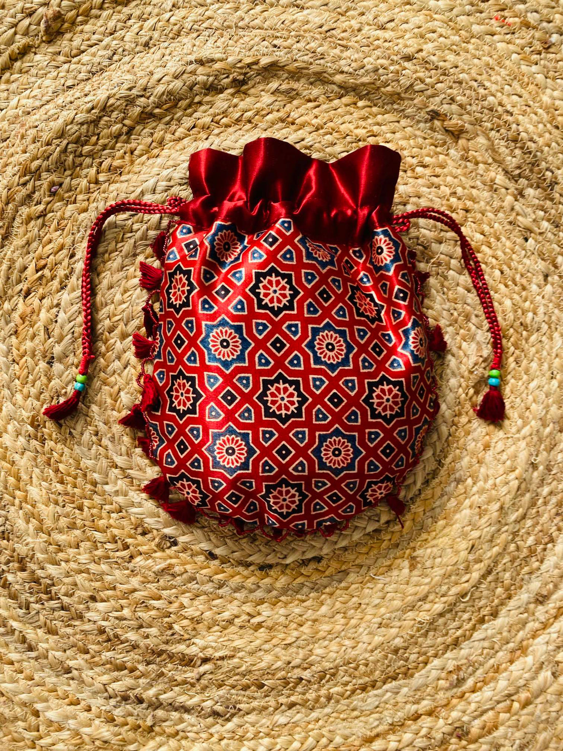 Ajarakh Bead Work Tessal Potli Bag