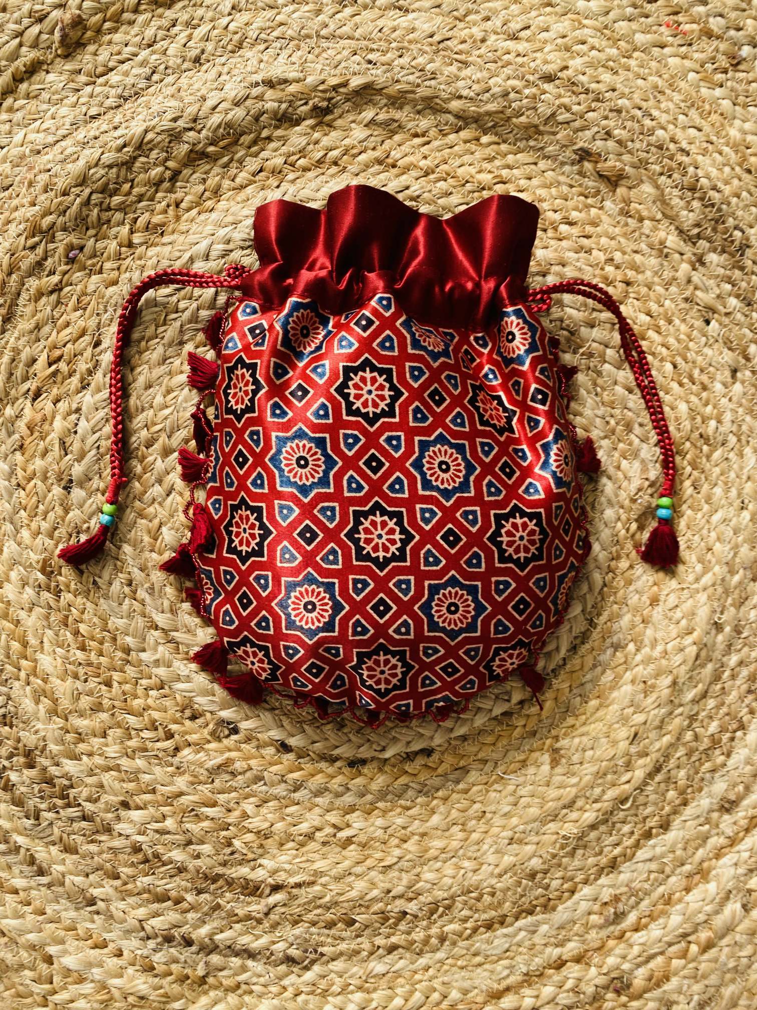 Ajarakh Bead Work Tessal Potli Bag
